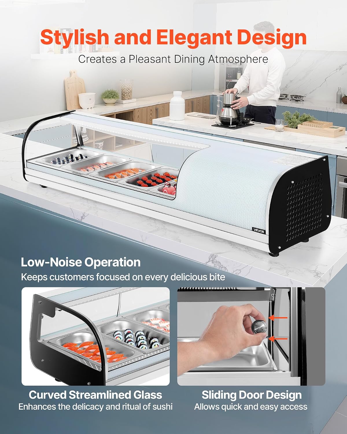 VEVOR Sushi Display Case Refrigerator, 1.8 Cu.ft Commercial Sushi Case, 5-Pan Countertop Showcase with Curved Glass, LED Lighting, and Digital Temperature Control, for Sushi-Bar, Restaurant, Store