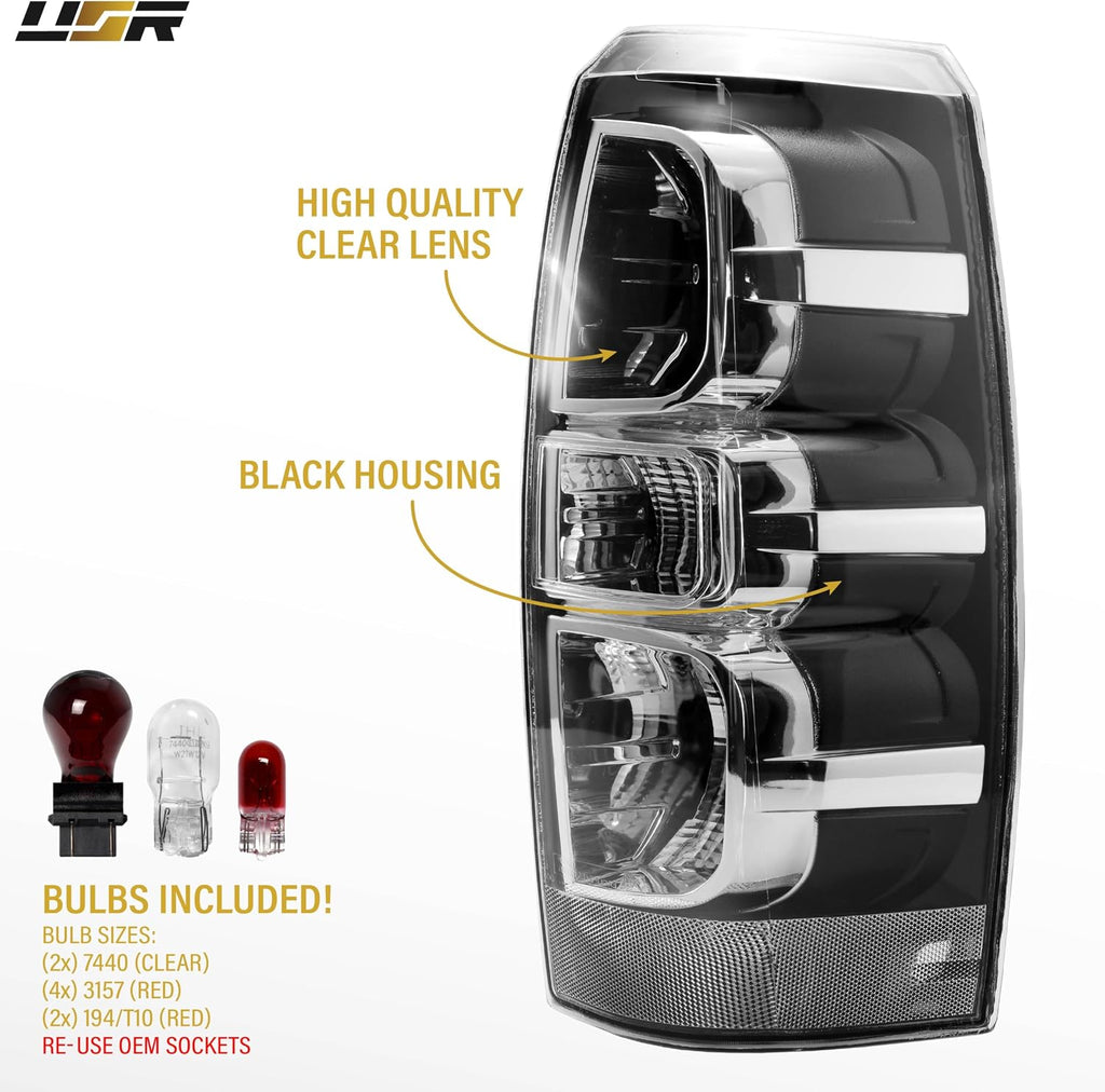 USR 07-13 GMT900 Tail Light – Rear Tail Lamps Set (Left + Right) Compatible with 2007-2013 Chevrolet Avalanche PickUp Chevy Truck All Models - LS, LT and LTZ (CLEAR LENS TAIL LIGHTS with COLOR BULBS)