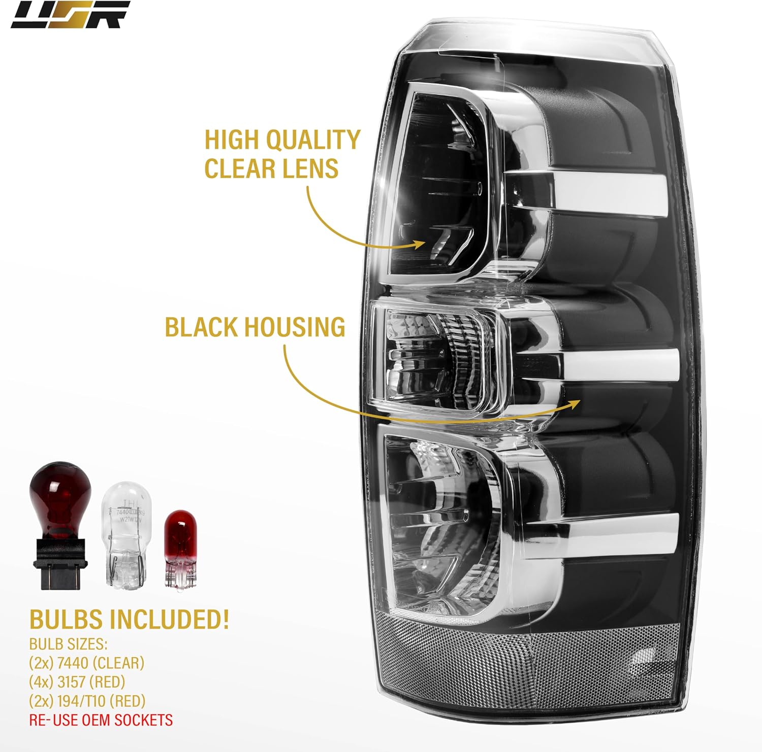 USR 07-13 GMT900 Tail Light – Rear Tail Lamps Set (Left + Right) Compatible with 2007-2013 Chevrolet Avalanche PickUp Chevy Truck All Models - LS, LT and LTZ (CLEAR LENS TAIL LIGHTS with COLOR BULBS)