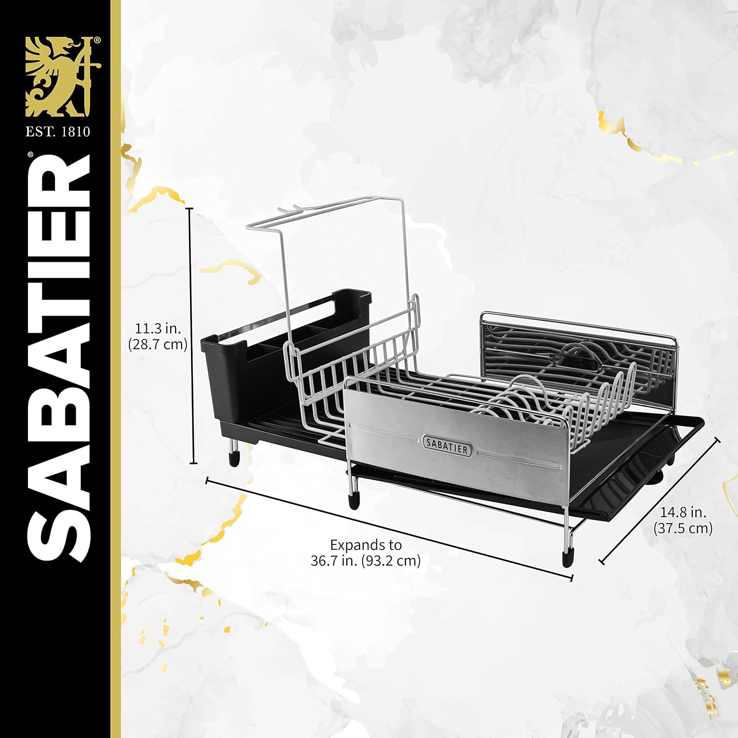 Sabatier Expandable Dish Drying Rack with Drainboard - Stainless Steel Dish Rack for Kitchen Counter, Stemware Holder and Utensil Caddy Included