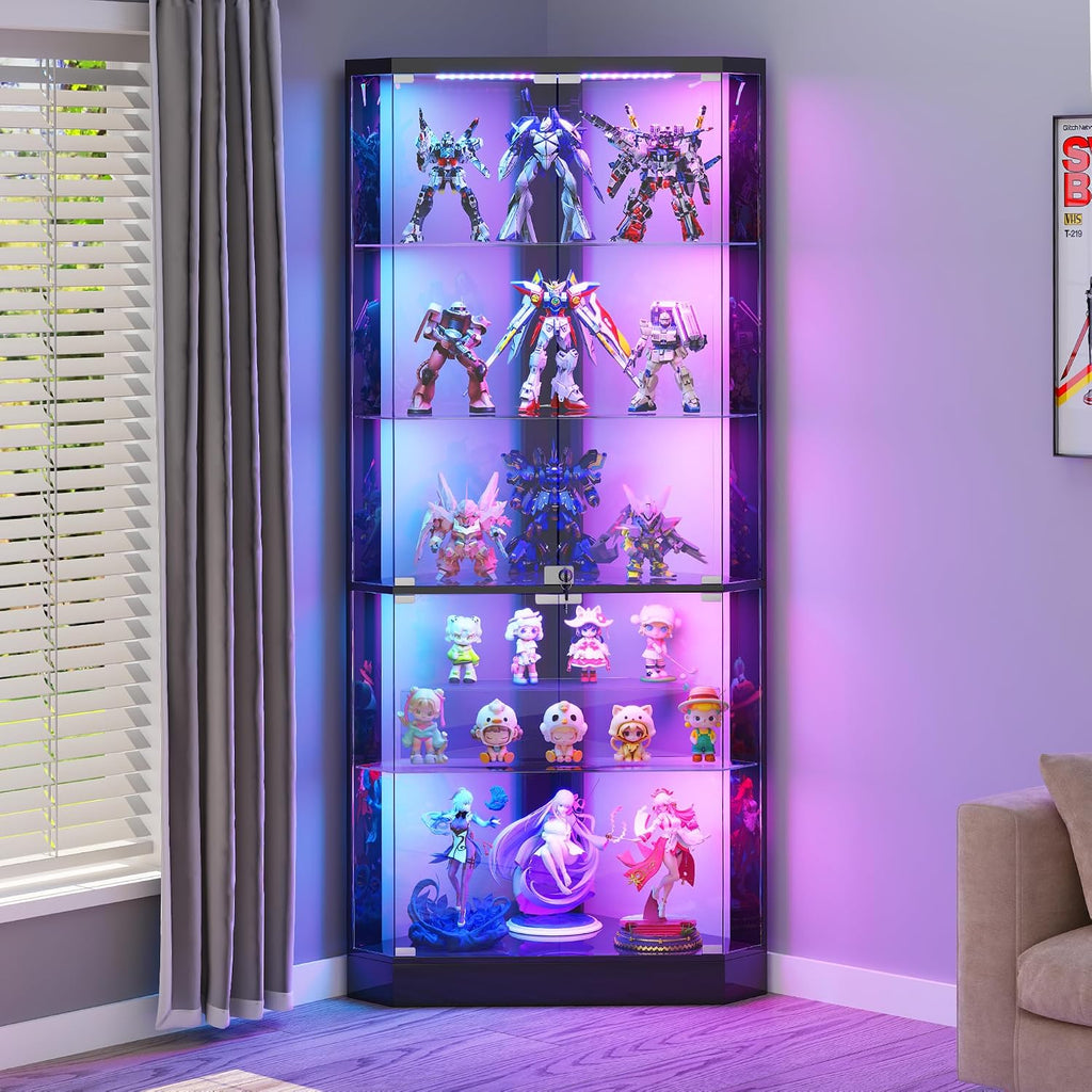 HNEBC Corner Display Case with - RGB Lights and Glass Shelves,5-Tier Corner Curio Cabinet with Glass Doors & Human Body Sensor,69' Showcase Display Cabinet for Collectibles,Living Room(Black)