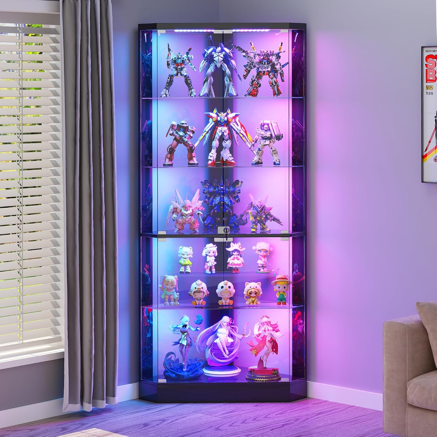 HNEBC Corner Display Case with - RGB Lights and Glass Shelves,5-Tier Corner Curio Cabinet with Glass Doors & Human Body Sensor,69' Showcase Display Cabinet for Collectibles,Living Room(Black)