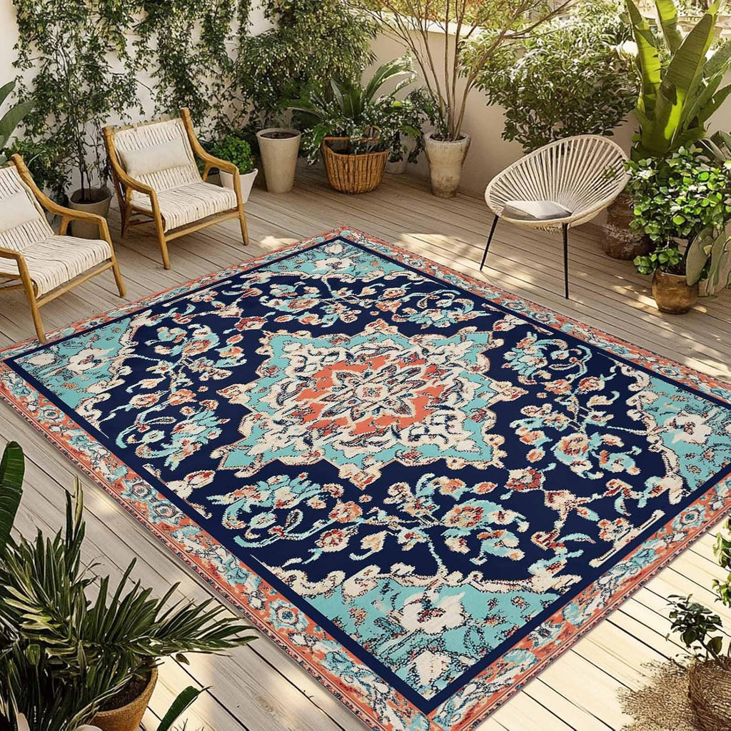 Outdoor Rug 4x6ft Abstract Retro Boho Aesthetic Flower Patio Area Rugs Waterproof Easy Cleaning Non Shedding Thick Mats Mid Century Carpet for Indoor Outdoor Porch Deck Backyard Balcony