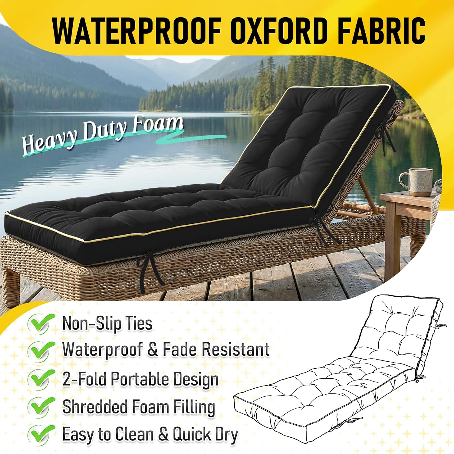 2 Pack 72x21 Inch Folding Chaise Lounge Cushion Quick Dry - Outdoor Sun Lounger Seat Pad with Shredded Foam for Patio Furniture, Deck Chairs, Poolside (Black, 72 INCH × 21 INCH-2 Pack)