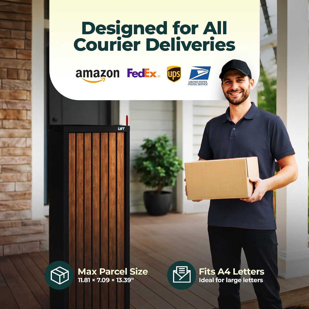 Aspen USPS Compatible Mailbox, Classic Black/Walnut Package Mailbox, Anti-Theft Locking Parcel Drop Box for Porch, Large Mailbox for Packages, Weather-Sealed Powder Coated Steel