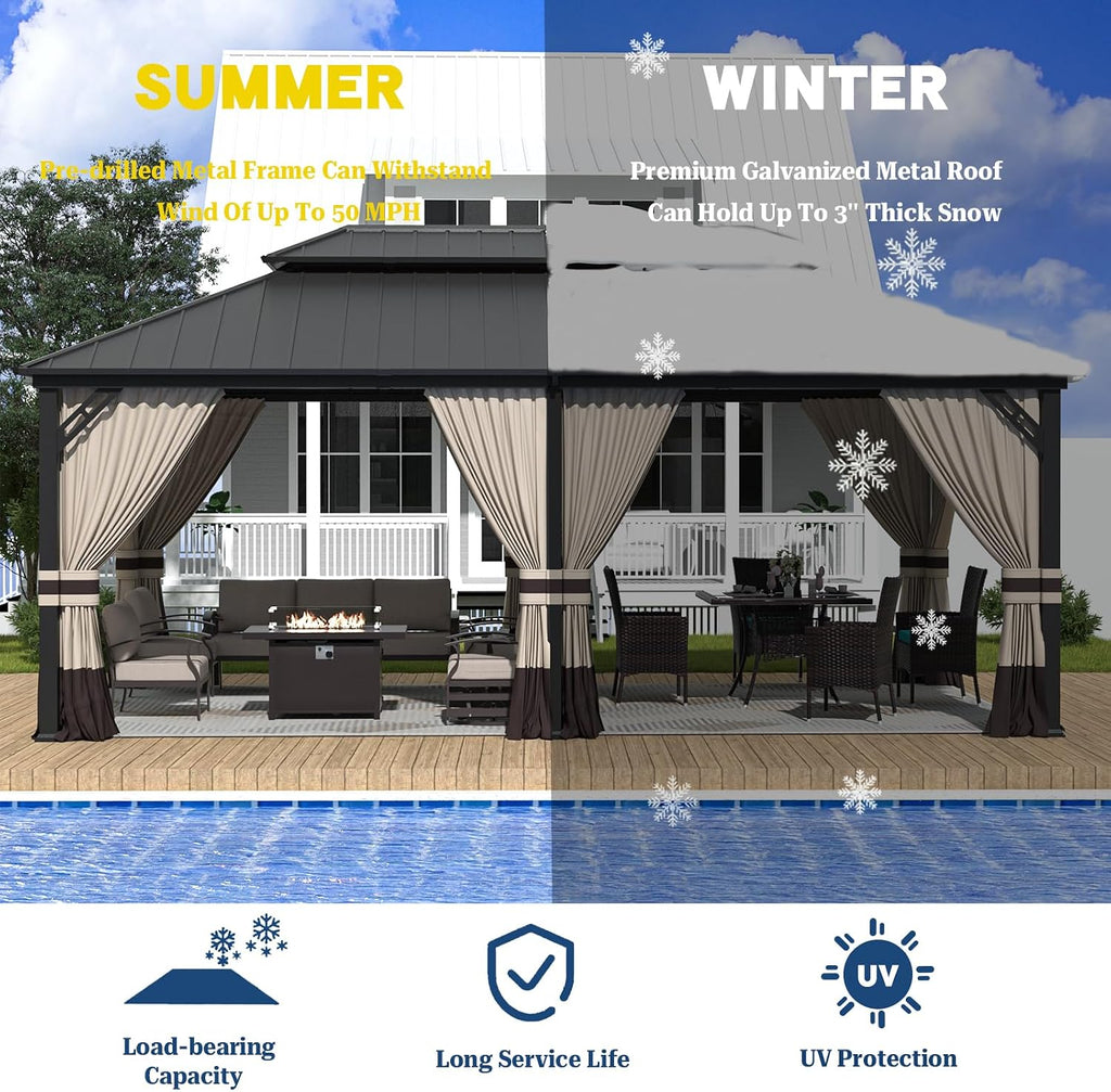 ALAULM 12'x20' Hardtop Gazebo, Outdoor Double Roof Canopy with Netting and Curtains, Galvanized Metal Frame, Sunshade for Patio, Backyard, Deck and Lawns-Sand