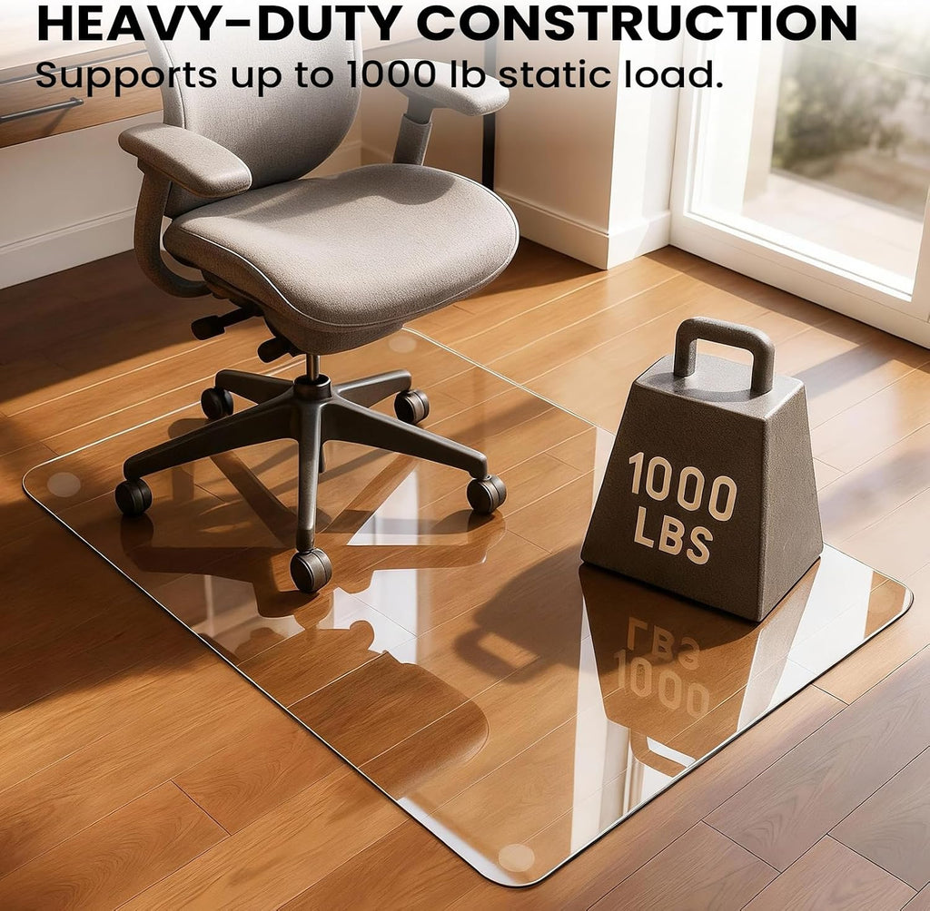 Tempered Glass Chair Mat, 55' x 46' Glass Office Chair Mat, 1/5' Thick Clear Floor Mat with Anti-Slip Pads, Heavy Duty Glass Mat for Carpeted and Hard Floor