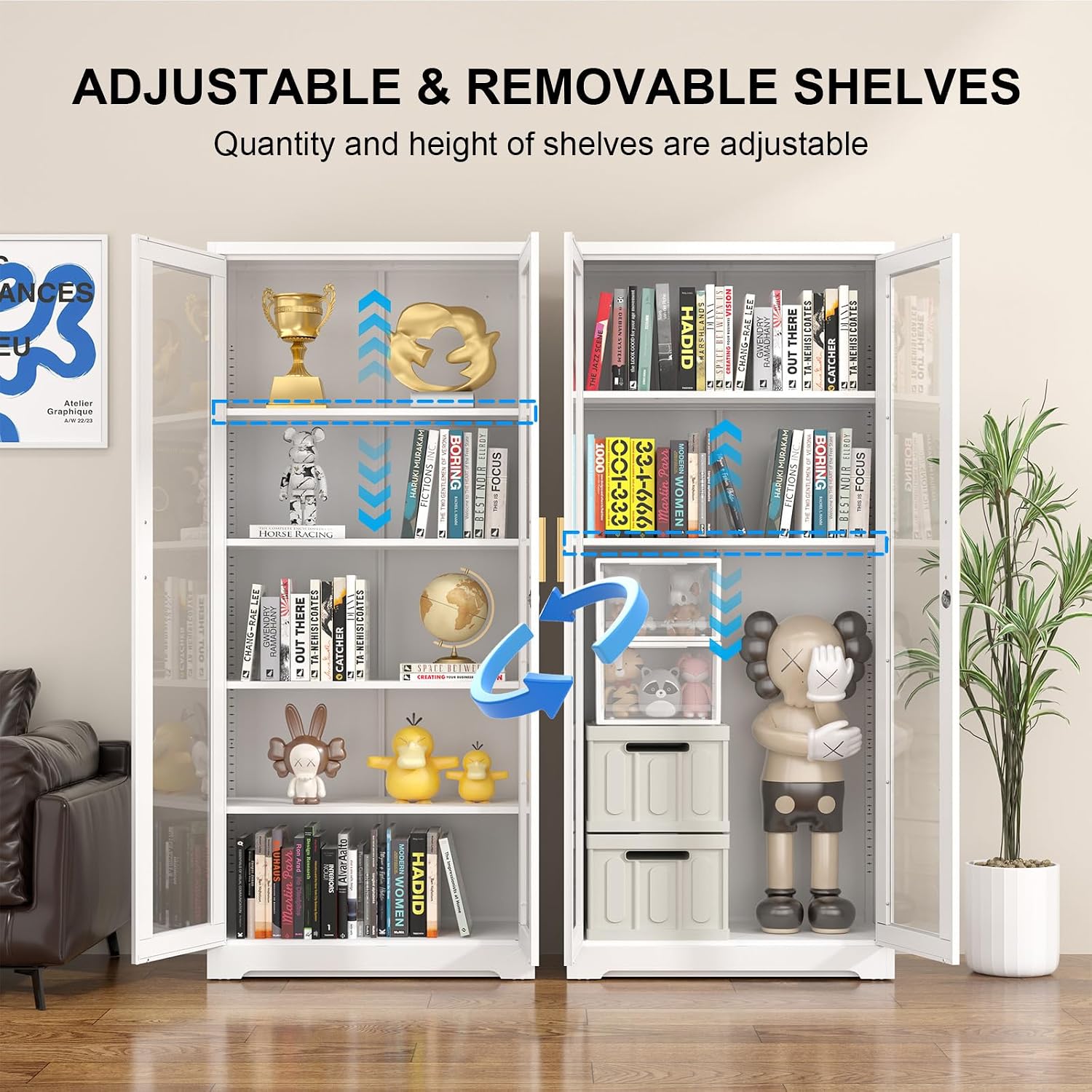 Polup Display Cabinet with Glass Doors, 71'' Tall Curio Cabinets with Lock, Metal Glass Display Case for Collectibles, Living Room, School, Commercial, White, Assemble Required