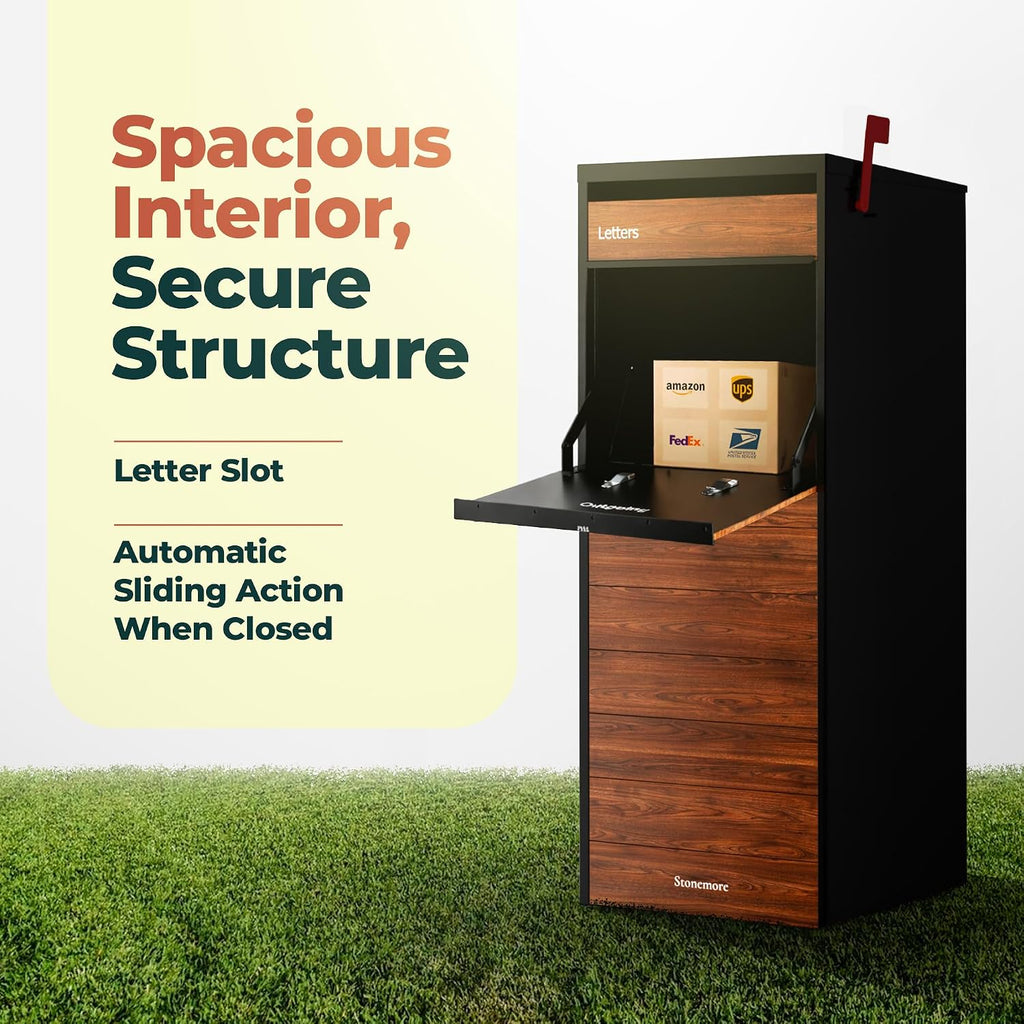 Cali USPS Compatible Mailbox, Snow White/Oak Package Mailbox, Anti-Theft Locking Parcel Drop Box for Porch Or Curbside, Large Mailbox for Packages, Weather-Sealed Powder Coated Steel