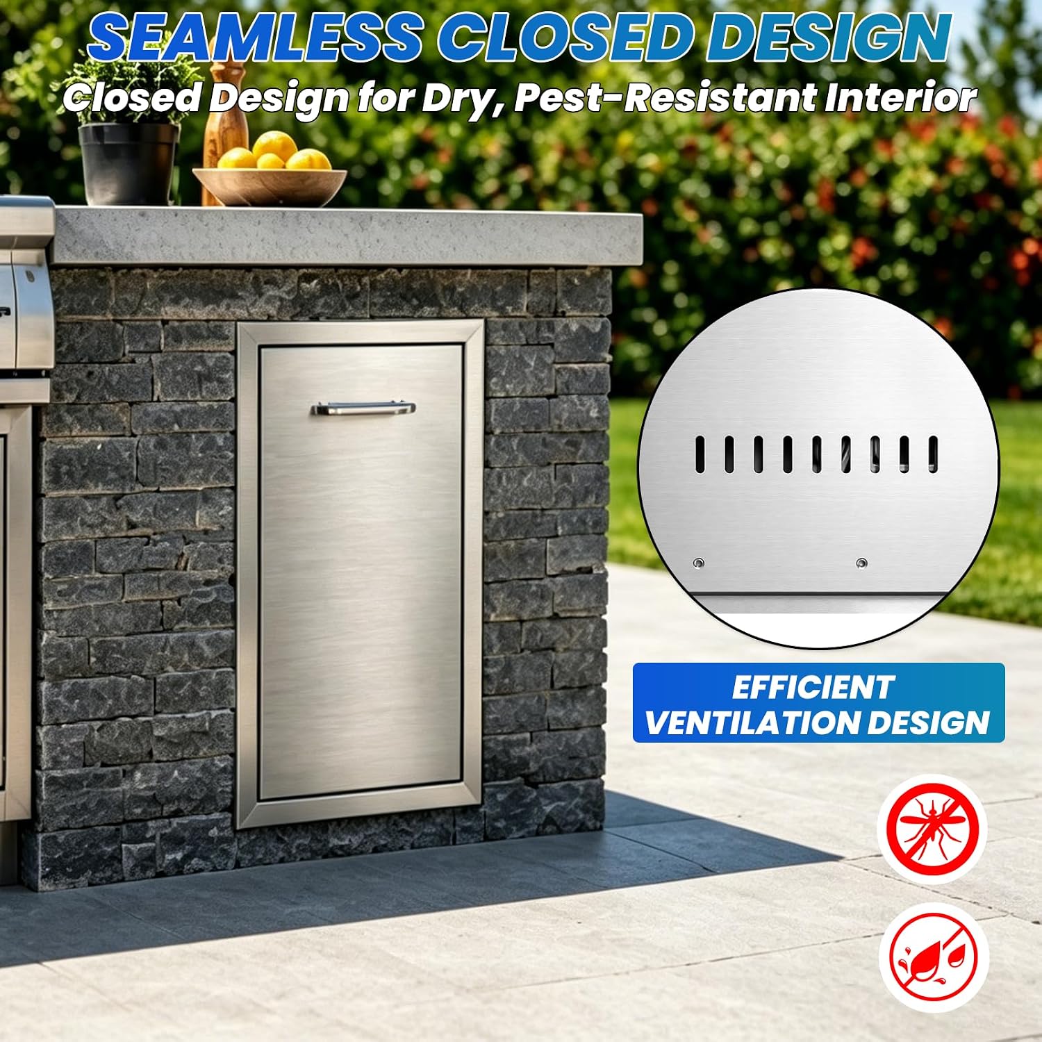 Pull-Out Trash Drawer, 13.4'W x 25.8'H x 19.6'D Stainless Steel Outdoor Kitchen Trash Drawer with Handle, Built-in Outdoor Kitchen Propane Tank Drawer for BBQ Island Grill Station, No Assembly