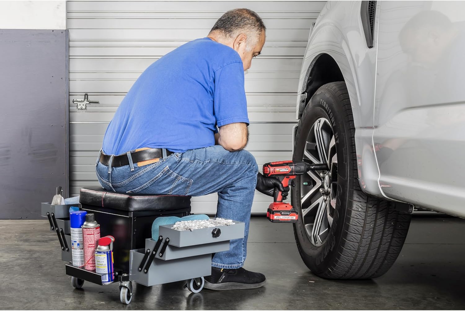 Powerbuilt Rolling Seat with Expandable Tool Trays, Roller Toolbox Garage Stool - Grey 941918ECE