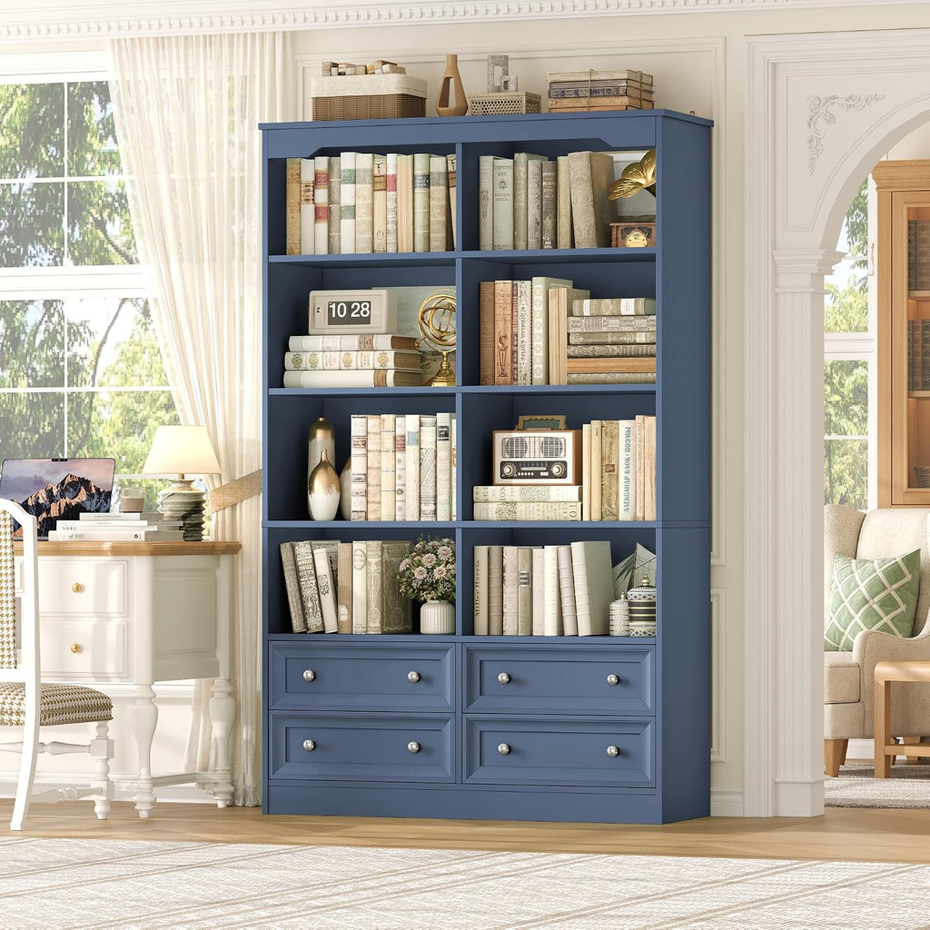 FINETONES 71' Tall Bookshelf with 4 Drawers, 6-Tier Double Wide Bookshelves and Bookcases with Storage, Blue Bookshelf Large Open Bookshelves Standing Book Cabinet for Home Office