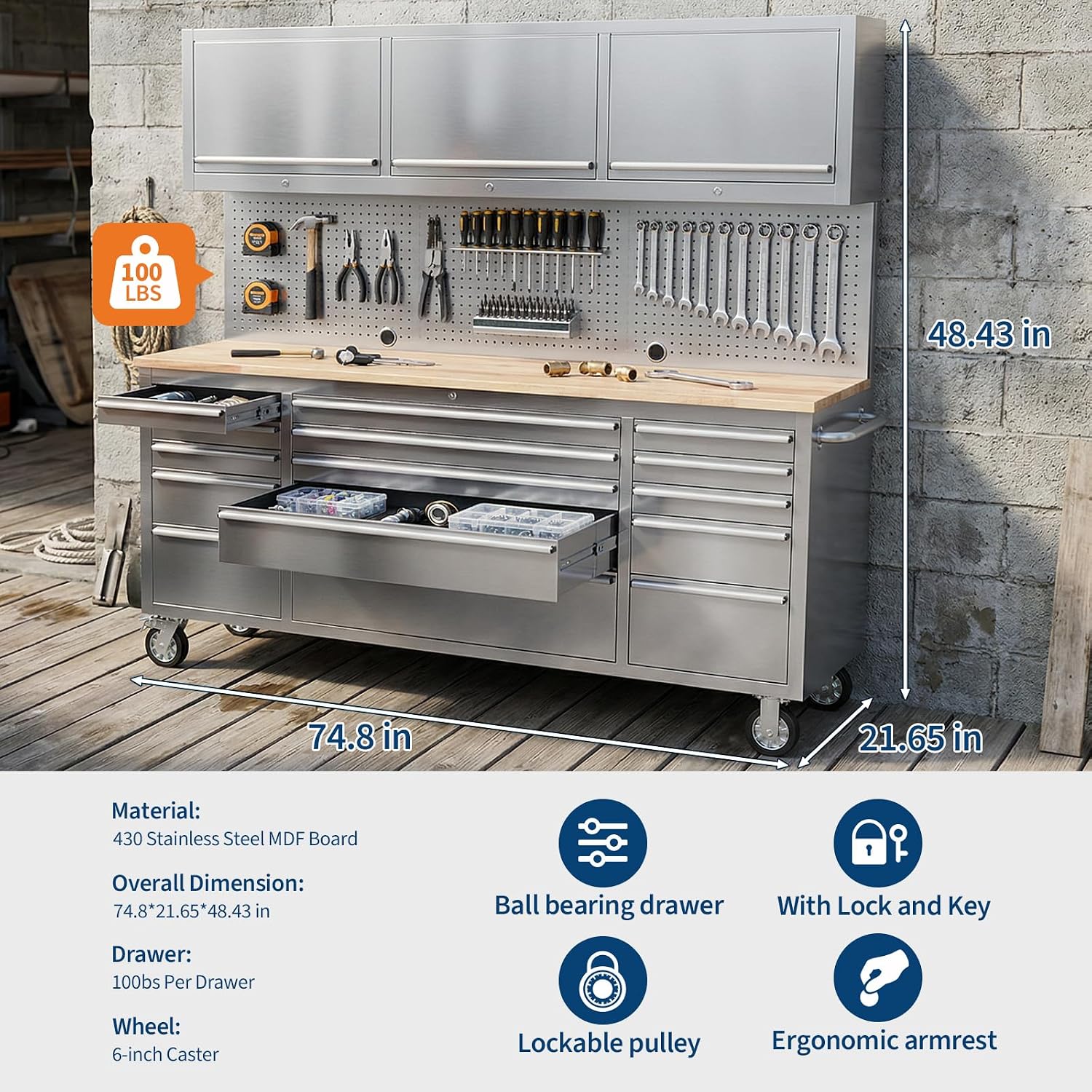 GarveeTech 72-Inch Heavy-Duty Rolling Tool Chest & Mobile Workbench, 15 Drawers & 3 Top Cabinets, Rubber Wood Tabletop, Key Locking System, Drawer Liners, Wheels, Steel Storage Cabinet for Garage