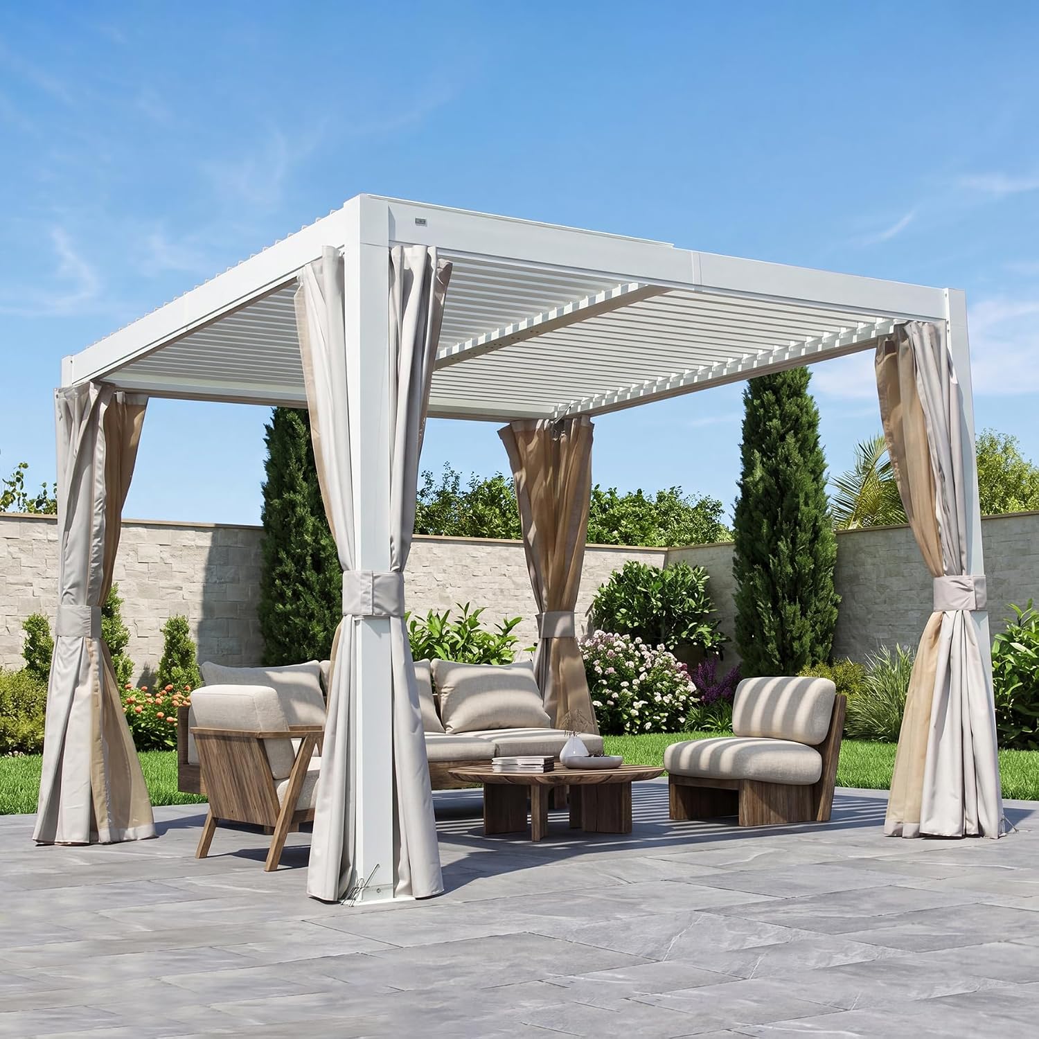 Domi 10'x10' Aluminum Louvered Pergola Outdoor Pergola with Adjustable Roof Sun Shade Gazebo with Gutter System for Backyard Garden Deck (White)