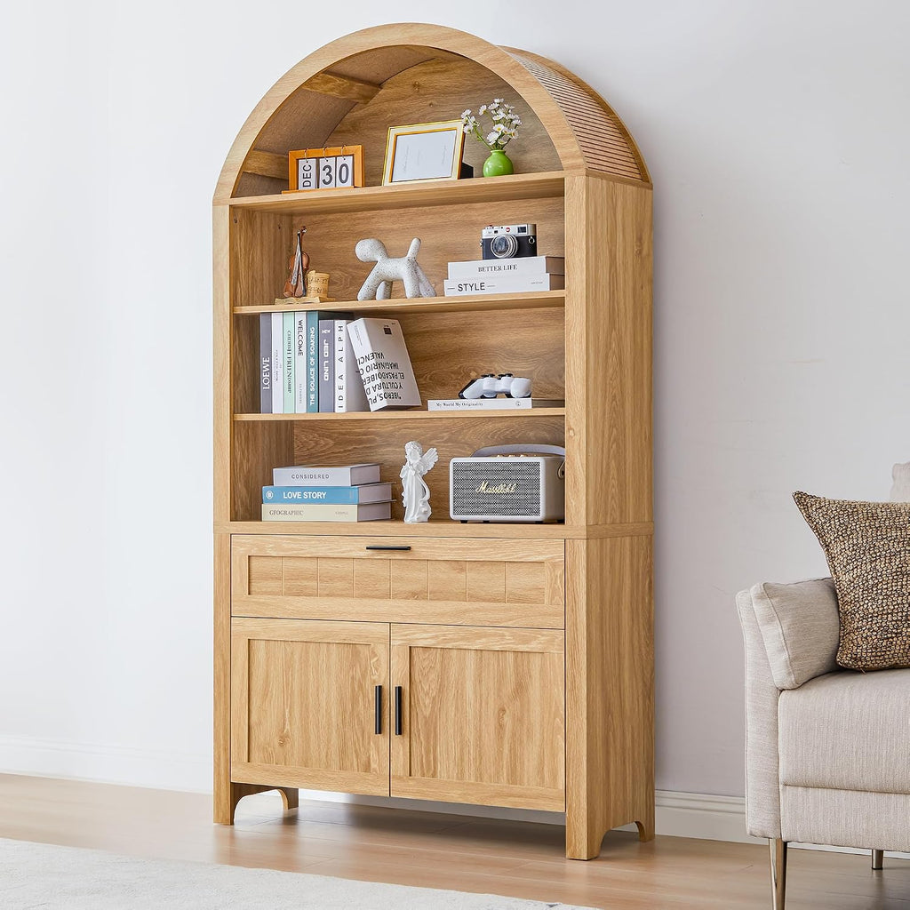 Turtle&Myrtle 73' H Large Arched Bookshelf，5-Tier Arch Bookcase with Doors，Mid Century Modern Book Shelf with Drawers，Wood Bookshelf w/Open Display Shelves for Living Room, Office (Natural)