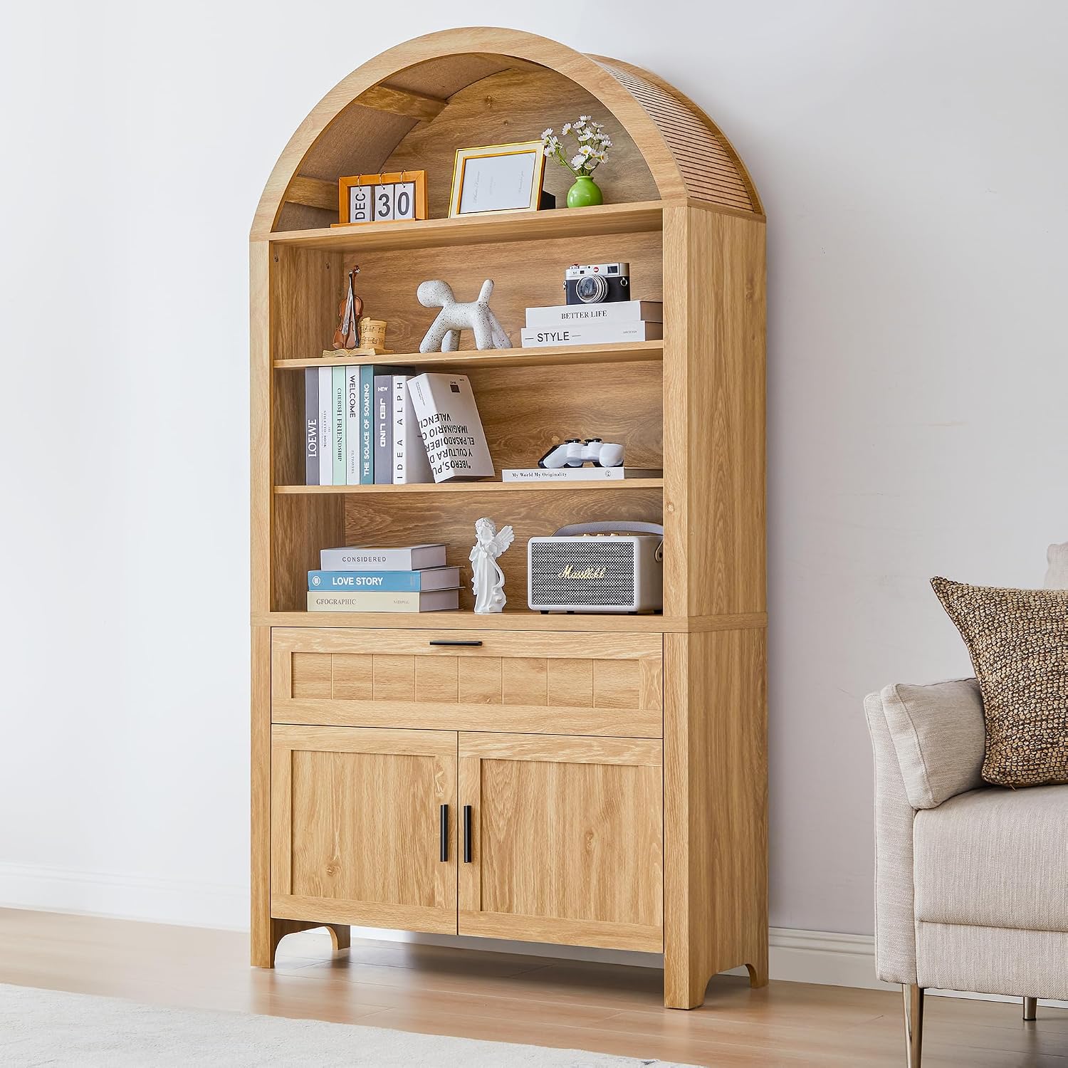 Turtle&Myrtle 73' H Large Arched Bookshelf，5-Tier Arch Bookcase with Doors，Mid Century Modern Book Shelf with Drawers，Wood Bookshelf w/Open Display Shelves for Living Room, Office (Natural)