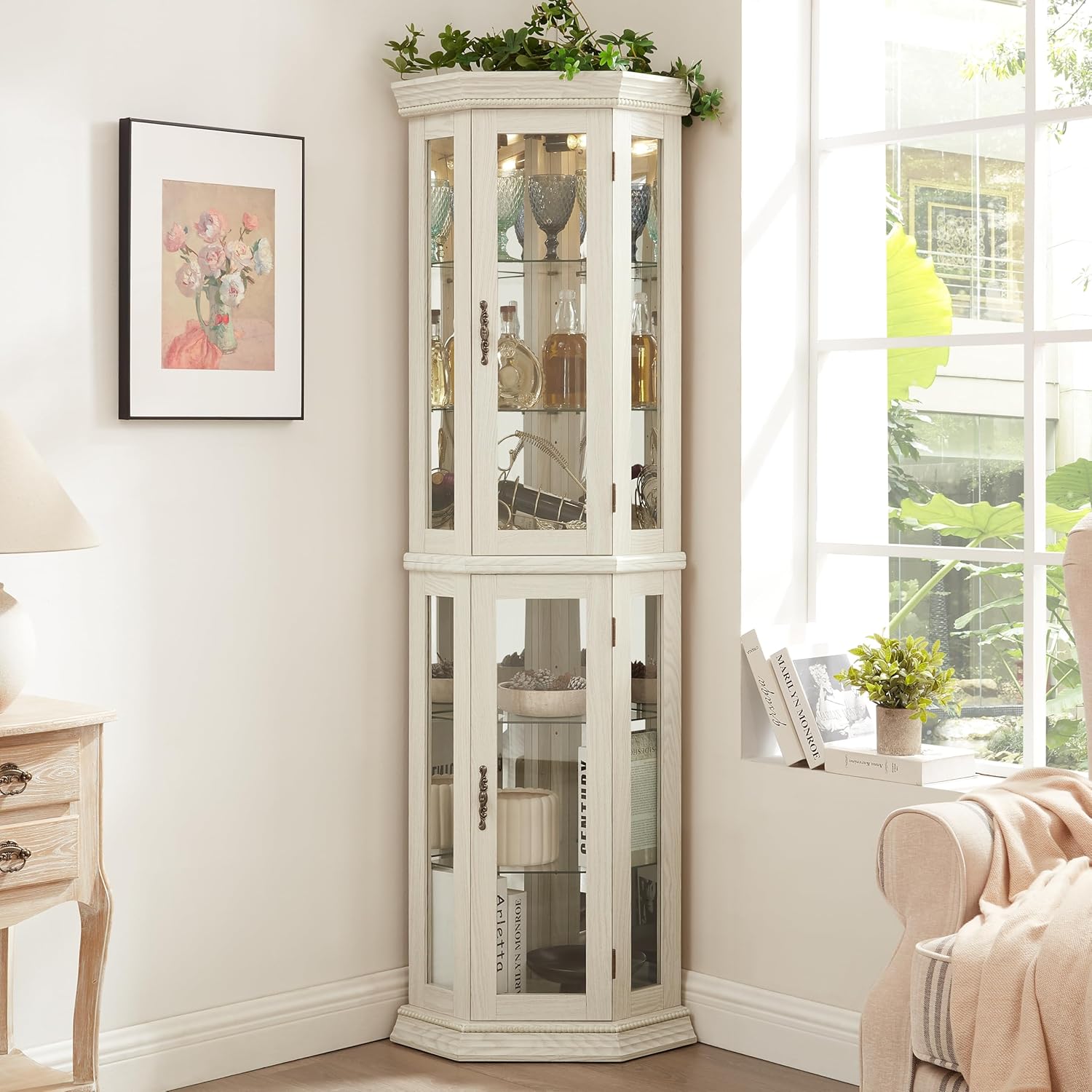 69'H Lighted Corner Display Cabinet, 6-Tier Wooden Curio Glass Cabinet with Adjustable Shelves & Glass Door, Corner Storage Display Case with Mirrored Back Pane for Living Room (Antique White)