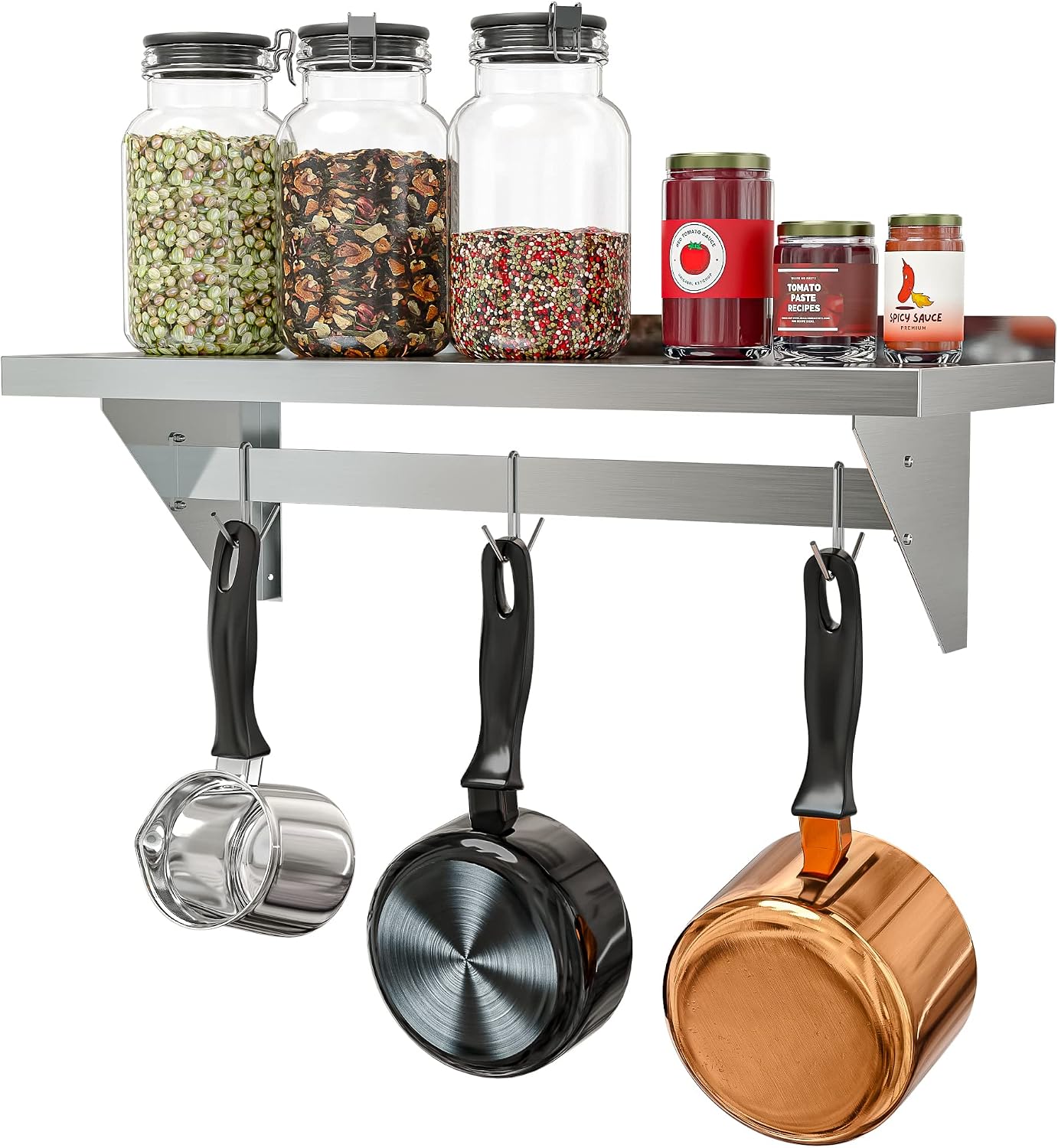 KoolMore 36' Commercial Wall Mounted Pot Rack Organizer Shelf with 3 Removable Storage Hooks for Pots and Pans, Stainless-Steel Storage Holder (WMPS-1236), 12' X 36'