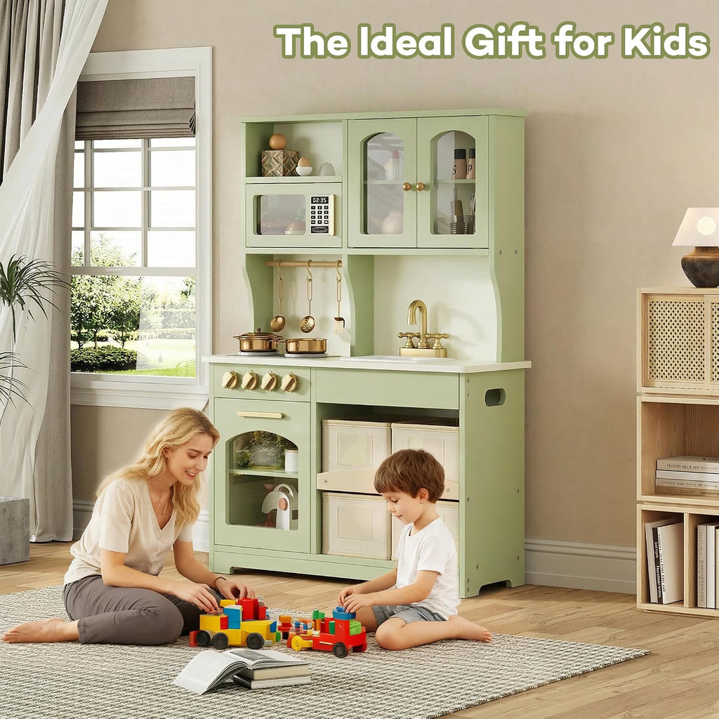 knoworld Play Kitchen for Kids, Wooden Toy Kitchen Set with Smart Storage & Accessories, Toddler Kitchen Playset with Stove & Oven, Pretend Play Set, Gift for Ages 3+, Green