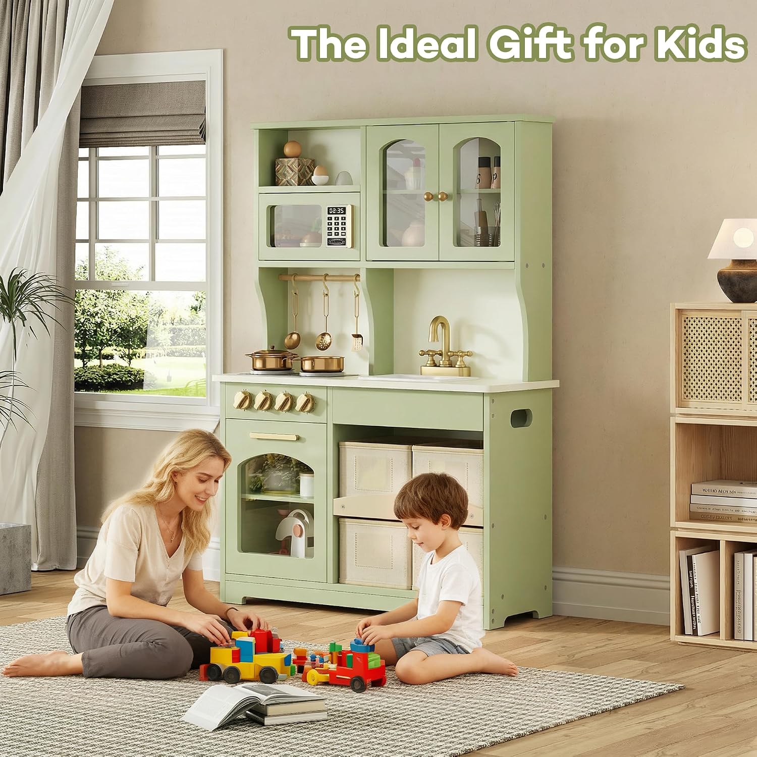 knoworld Play Kitchen for Kids, Wooden Toy Kitchen Set with Smart Storage & Accessories, Toddler Kitchen Playset with Stove & Oven, Pretend Play Set, Gift for Ages 3+, Green