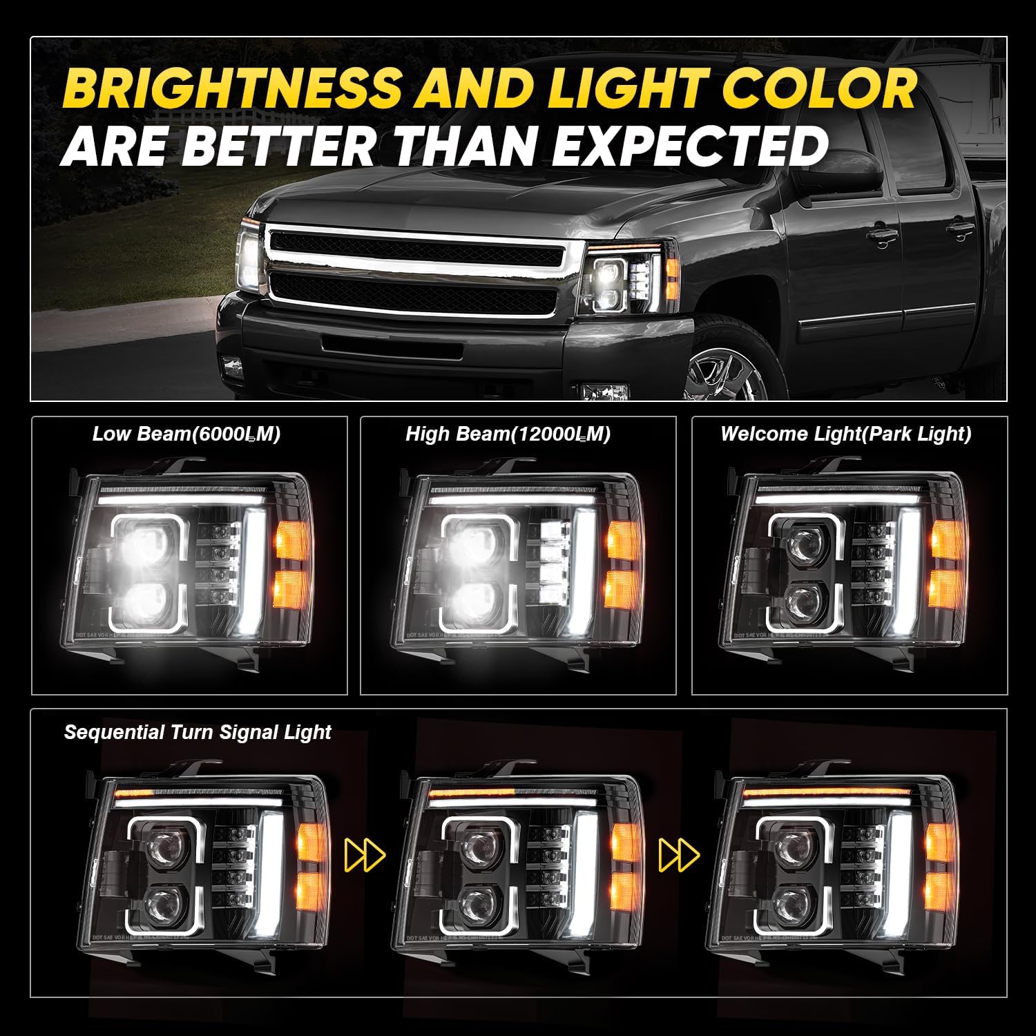 600% Bright LED Headlights Assembly Sequential Turn Signal Only for 2007-2013 Chevy Silverado 1500, 2007-2014 Chevy Silverado 2500 3500 2500HD 3500HD, Welcome Light Hi/Low Beam w/ Bulbs (NOT for GMC)