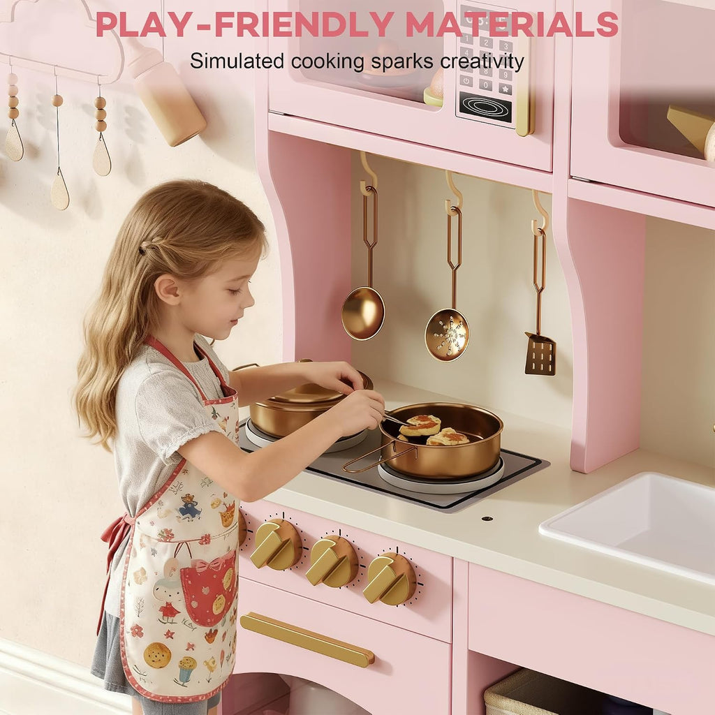 knoworld Play Kitchen for Kids, Wooden Toy Kitchen Set with Smart Storage & Accessories, Toddler Kitchen Playset with Stove & Oven, Pretend Play Set, Gift for Ages 3-8, Pink