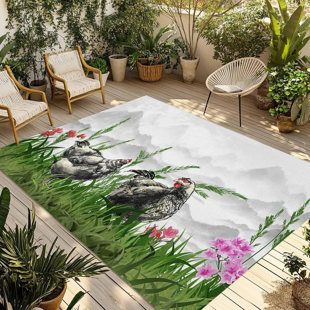Outdoor Rug 4x6ft Nature Landscape Black Sketch Rooster Green Grass Patio Area Rugs Waterproof Easy Cleaning Non Shedding Thick Mats Mountain Carpet for Indoor Outdoor Porch Deck Backyard Balcony