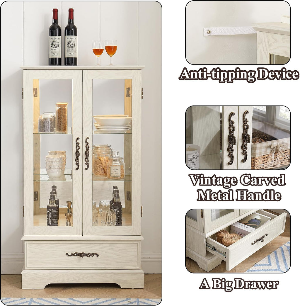 47' H Lighted Curio Cabinet Display Case, Glass Case with Adjustable Shelves,Tempered Glass Door and Drawer, Wooden Curio Cabinet with Mirrored Back Pane for Living Room (Antique White)