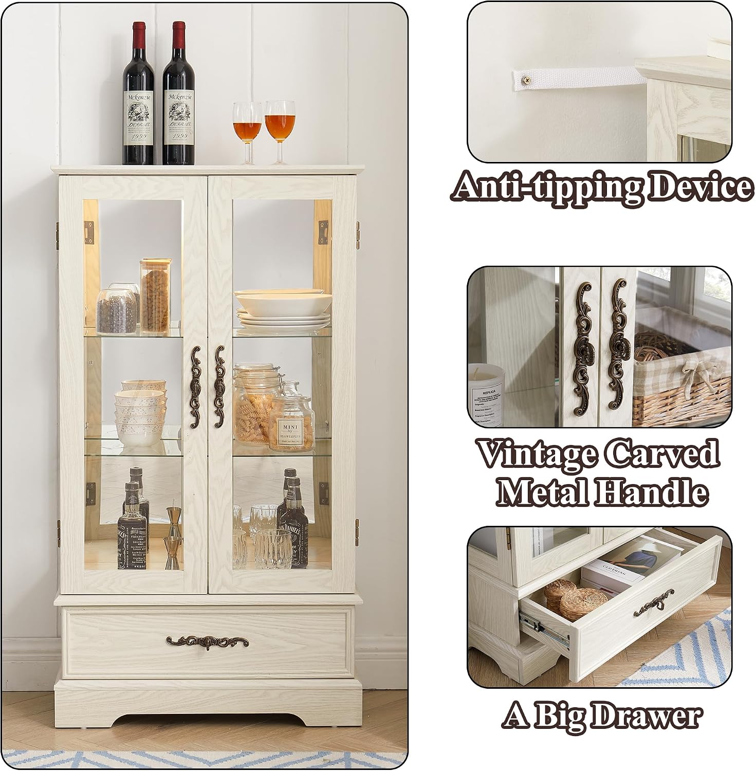 47' H Lighted Curio Cabinet Display Case, Glass Case with Adjustable Shelves,Tempered Glass Door and Drawer, Wooden Curio Cabinet with Mirrored Back Pane for Living Room (Antique White)