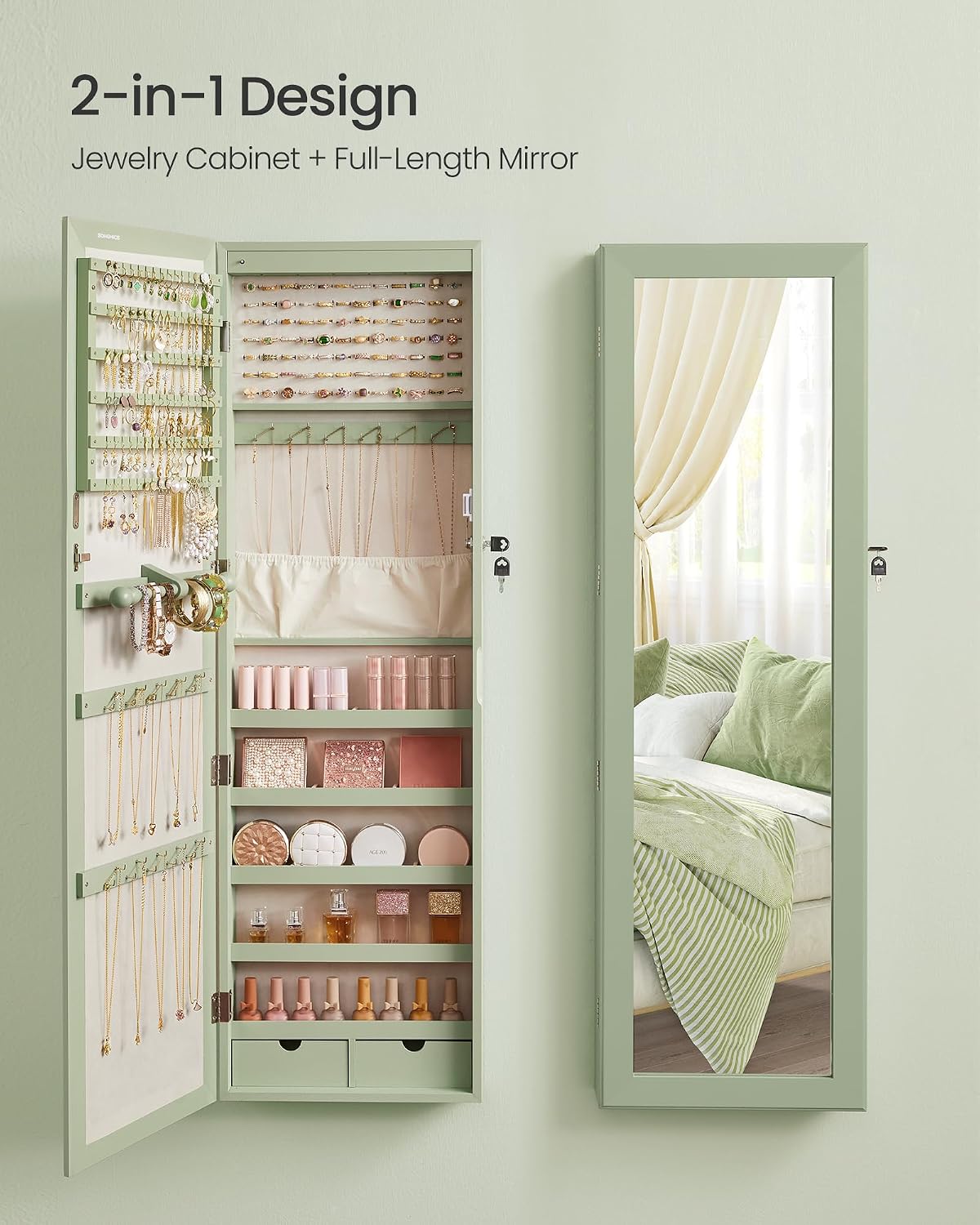 SONGMICS 6 LEDs Mirror Jewelry Cabinet, 47.2-Inch Tall Lockable Wall or Door Mounted Jewelry Armoire Organizer with Mirror, 2 Drawers, 3.9 x 14.6 x 47.2 Inches, Laurel Green UJJC093C01
