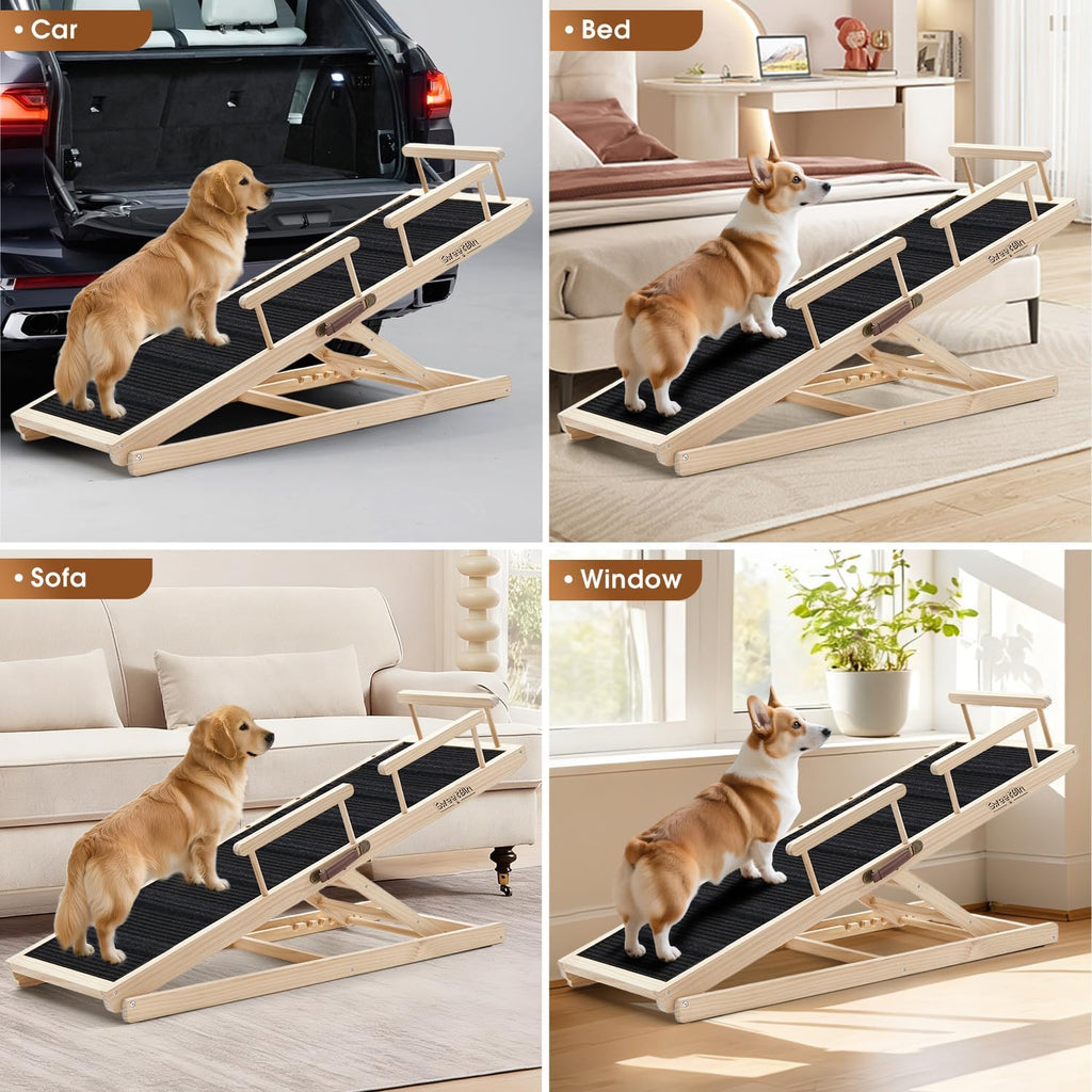 Dog Ramp for Bed - 52.9' Long Adjustable 12' to 28' Wooden Pet Ramp for Small Large Older Dogs - Dog Ramps for High Beds Couch Car - Dog Steps with High Traction Mat & Safety Side Rails Up to 250LB