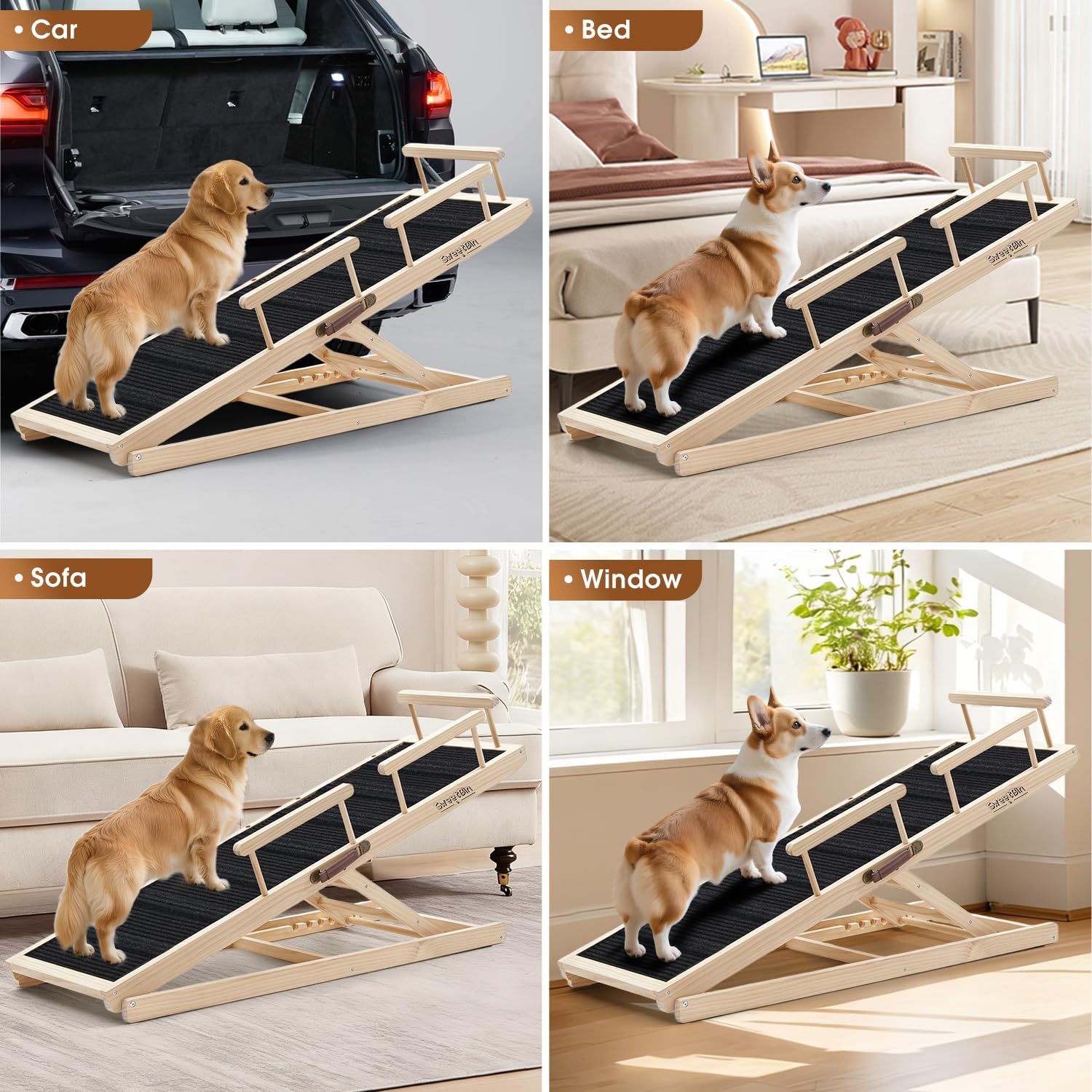 Dog Ramp for Bed - 52.9' Long Adjustable 12' to 28' Wooden Pet Ramp for Small Large Older Dogs - Dog Ramps for High Beds Couch Car - Dog Steps with High Traction Mat & Safety Side Rails Up to 250LB