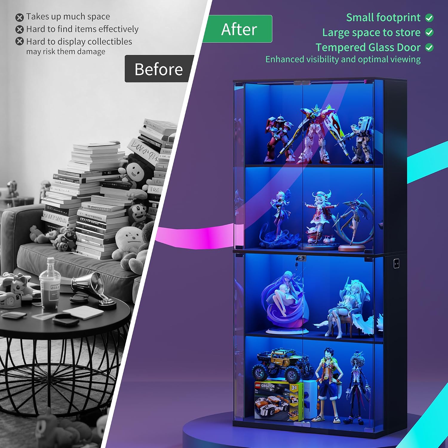 HNEBC Glass Display Cabinet with LED Lights - 4-Tiers Curio Cabinet Display Case with Lock,China Cabinet with Human Body Senor for Collectibles & Legos,Living Room Bookcase Storage Cabinet (Black)