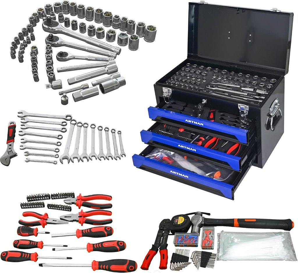20' Portable Tool Box with Key Lock, 439 Piece Mechanics Tool Set, 3 Drawers & Top Storage Tray Toolbox with Metal Latches & Carrying Handle for Garage, Warehouse, Repair Shop & Home (Blue)