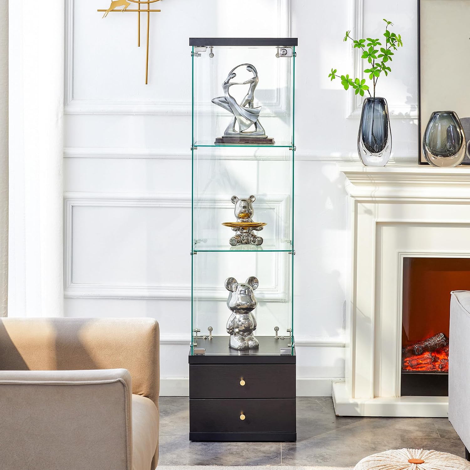 Modern Glass Display Cabinet 3-Shelf Curio Cabinets with 2 Storage Drawers,Tempered Glass Collection Display Showcase for Living Room Home Office,Black
