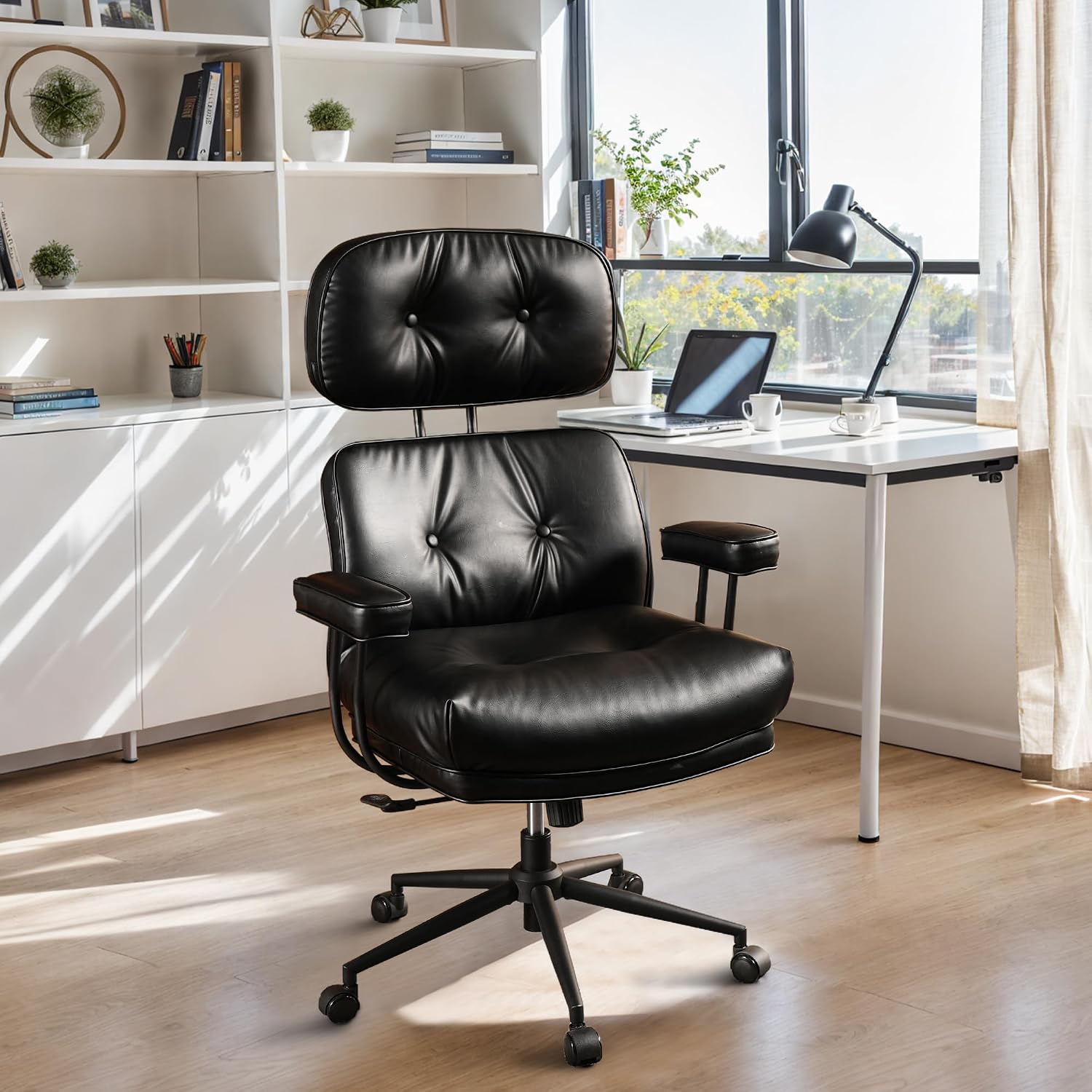 CAODOC Big and Tall Office Chair, 300LBS PU Leather Executive Office Chair Whit Lumbar Support, Managerial Home Desk Chair, Heavy Duty High Back Computer Chair(PU Leather Black)