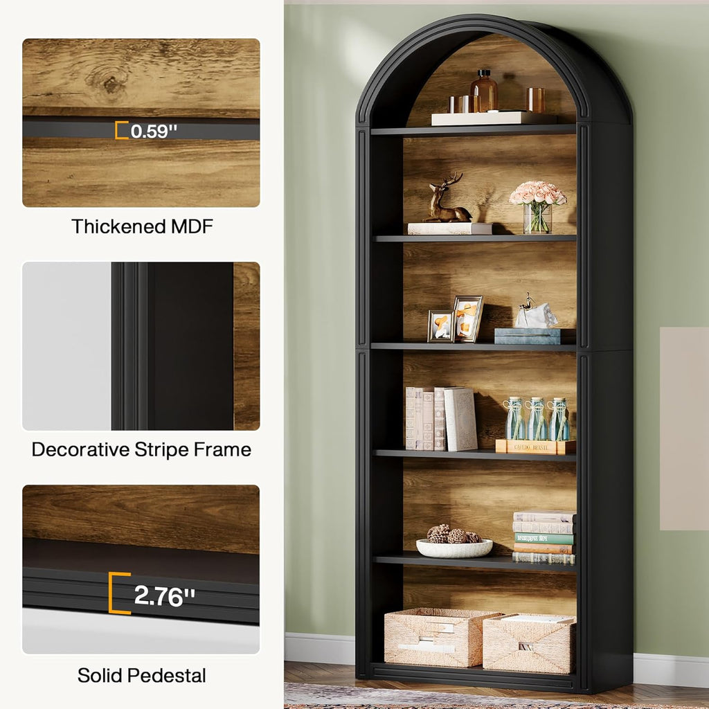 Tribesigns 6-Tier Black Arched Bookshelf, 77.16' Tall Arched Bookcase with Storage Shelves, Floor Standing Open Display Shelving Unit for Living Room, Bedroom, Home Office