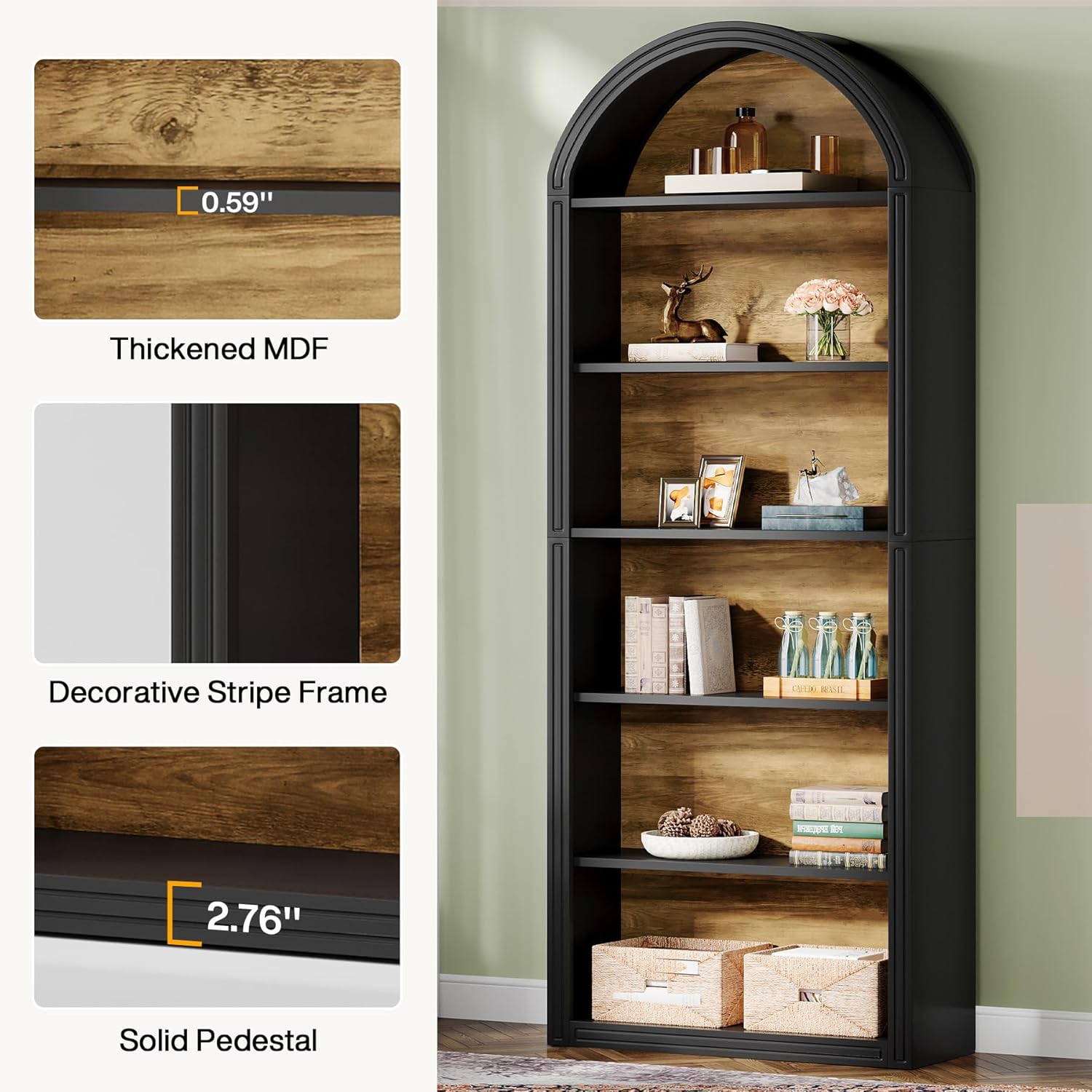 Tribesigns 6-Tier Black Arched Bookshelf, 77.16' Tall Arched Bookcase with Storage Shelves, Floor Standing Open Display Shelving Unit for Living Room, Bedroom, Home Office