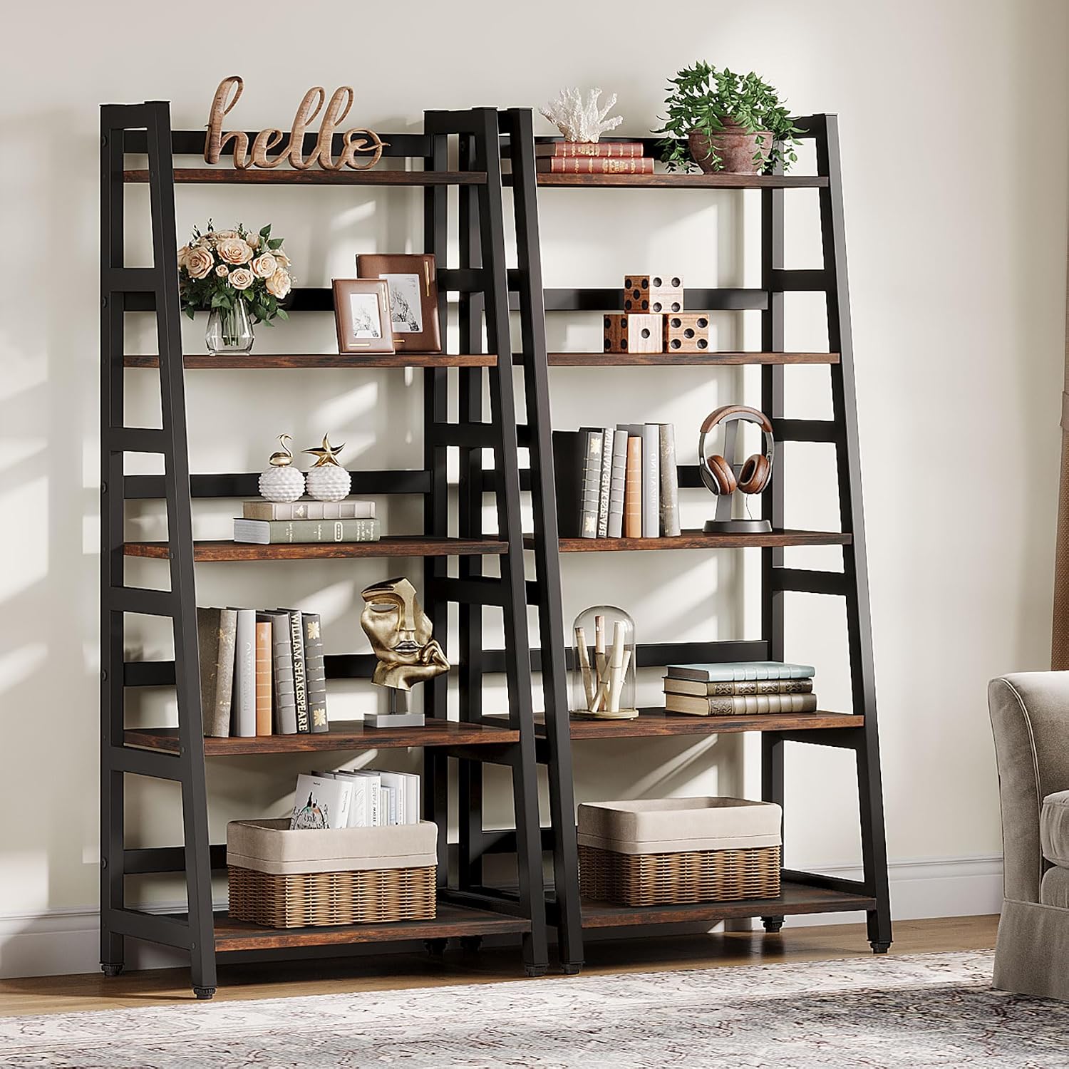 Tribesigns 5-Tier Bookshelf Industrial Bookcase, 5 Shelf Ladder Shelf Book Storage Shelf Organizer for Living Room, Home Office