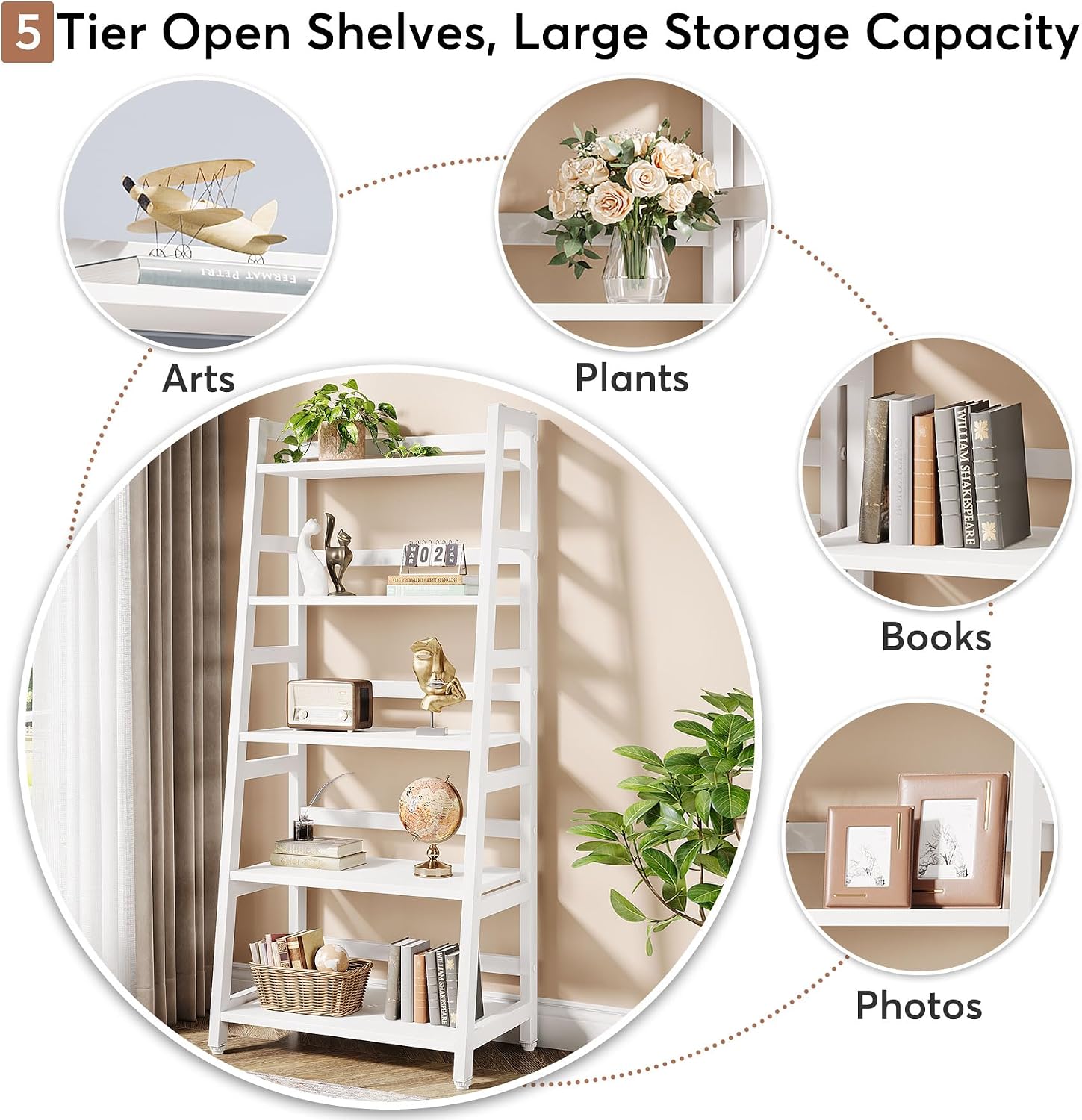 Tribesigns 5-Tier Bookshelf Modern Bookcase, 5 Shelf Ladder Shelf Book Storage Shelf Organizer for Living Room, Home Office (White)