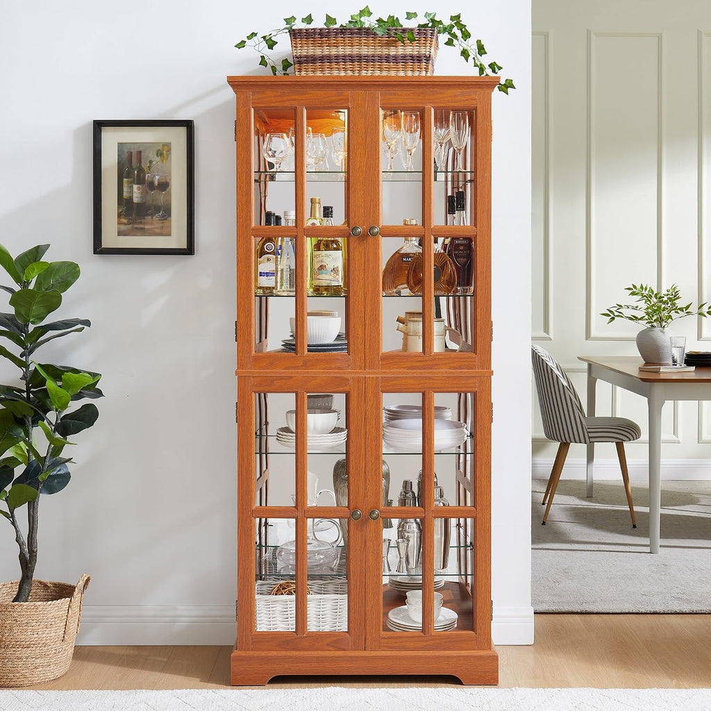 Glass Display Cabinet, 69' H Curio Cabinet with Adjustable Shelves and 4 Glass Doors, Light Bulb Included, Elegant Antique Showcase, Rack for Living Room/Home Office (Dark Oak)