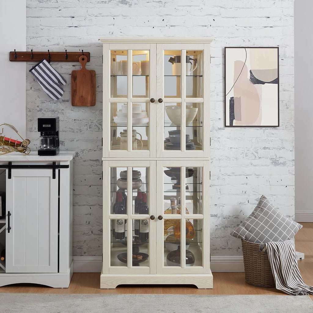 Glass Display Cabinet, 69' H Curio Cabinet with Adjustable Shelves and 4 Glass Doors, Light Bulb Included, Elegant Antique Showcase, Rack for Living Room/Home Office (White)