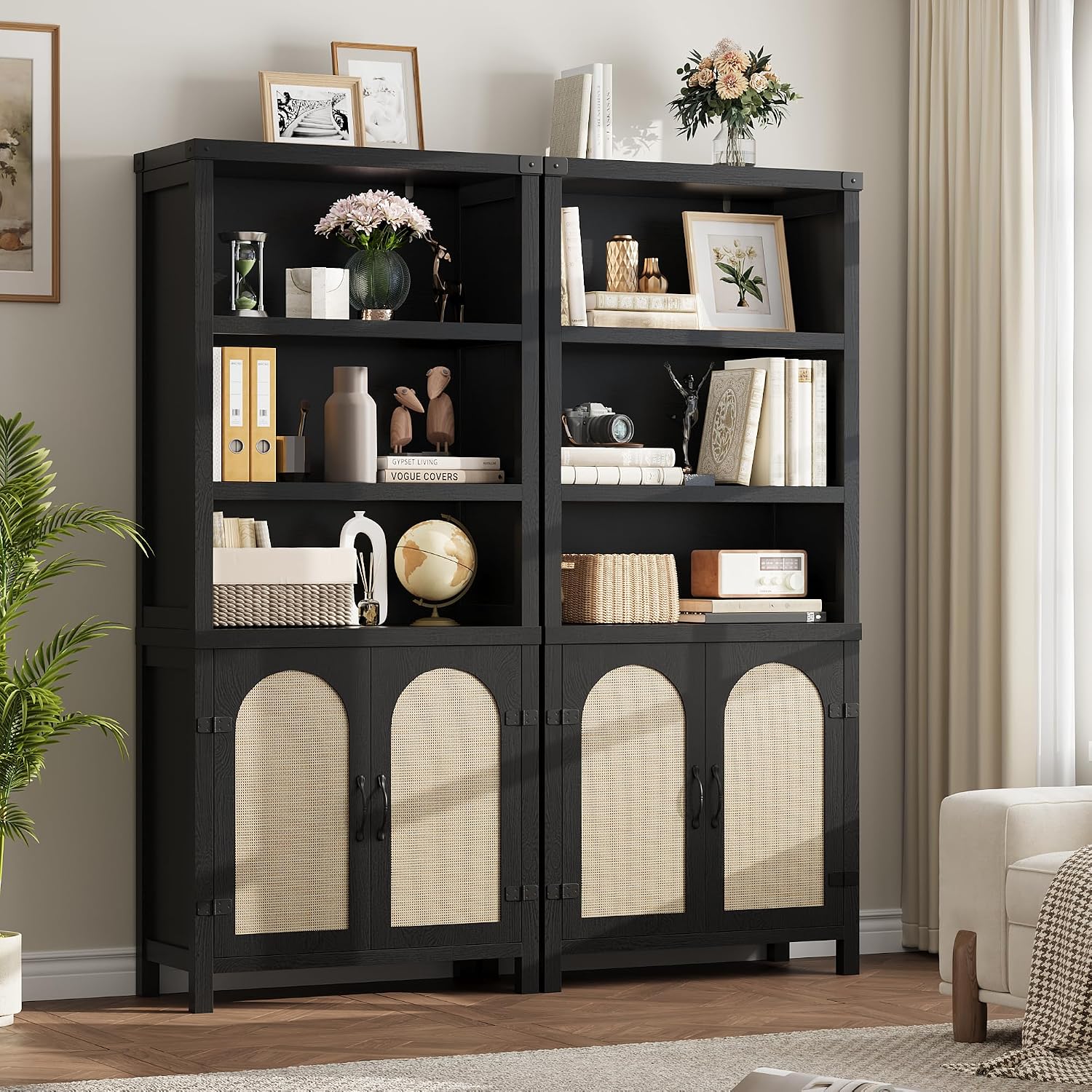 GarveeHome Bookshelf and Bookcase with Doors, 5 Tier Double Wide Large Bookshelves, Open Display Shelves, 70'' Tall Bookshelf with Storage Cabinets for Home Office, Living Room, Library, Black