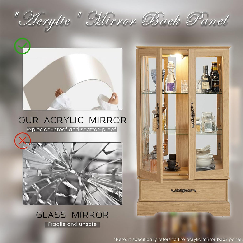 47' Lighted Glass Accent Curio Cabinet, 3-Tier Antique Storage Cage with Adjustable Shelves & Drawer, Acrylic Mirrored Pane, Light Blub Included, Small China Cabinet for Living Room (Light Oak)