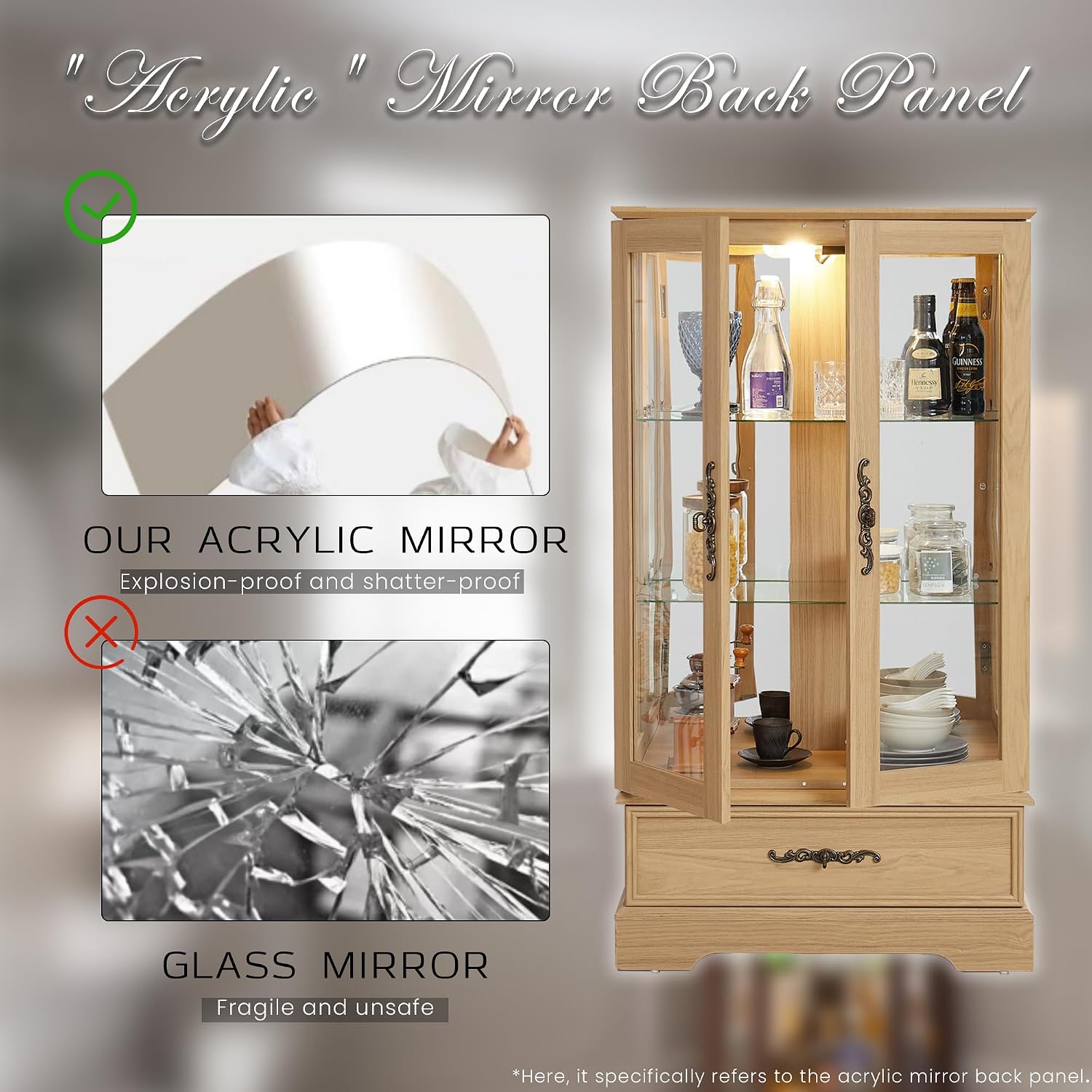 47' Lighted Glass Accent Curio Cabinet, 3-Tier Antique Storage Cage with Adjustable Shelves & Drawer, Acrylic Mirrored Pane, Light Blub Included, Small China Cabinet for Living Room (Light Oak)