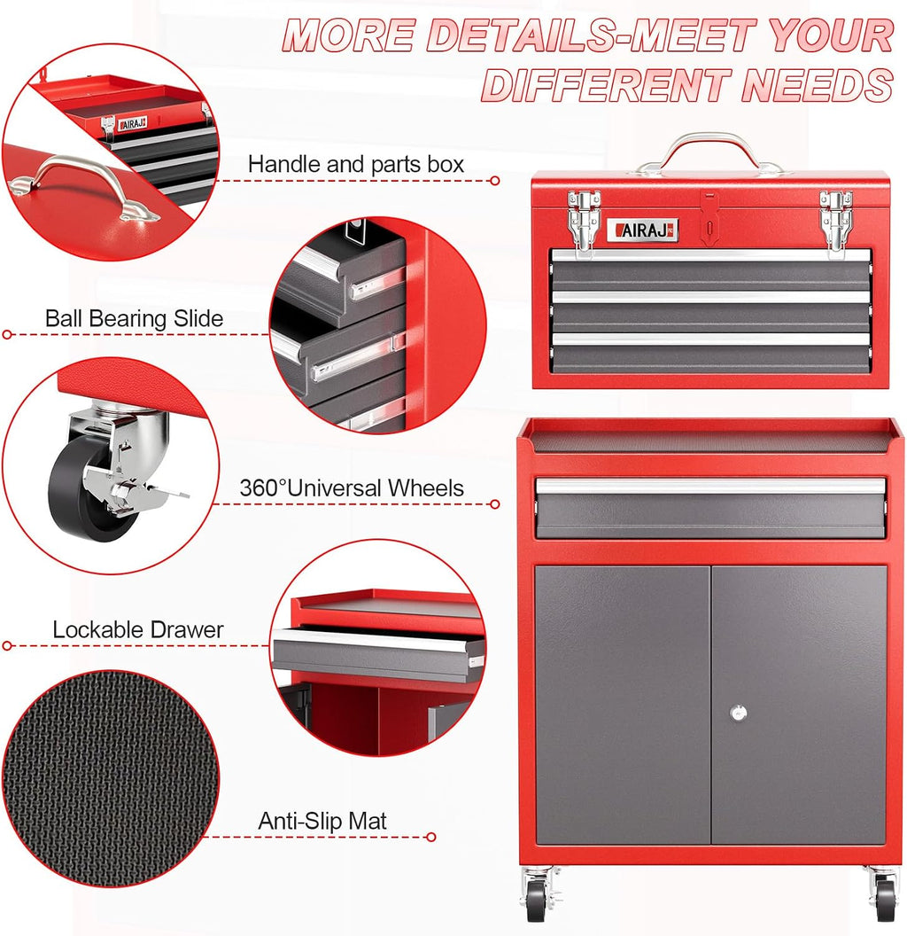 Tool Box with Wheels,4 Drawer 39' Large Tool Chest,Detachable Top Metal Rolling Tool Box,Garage Tool Cabinet with Lock and 360° Rotating Wheels,Red