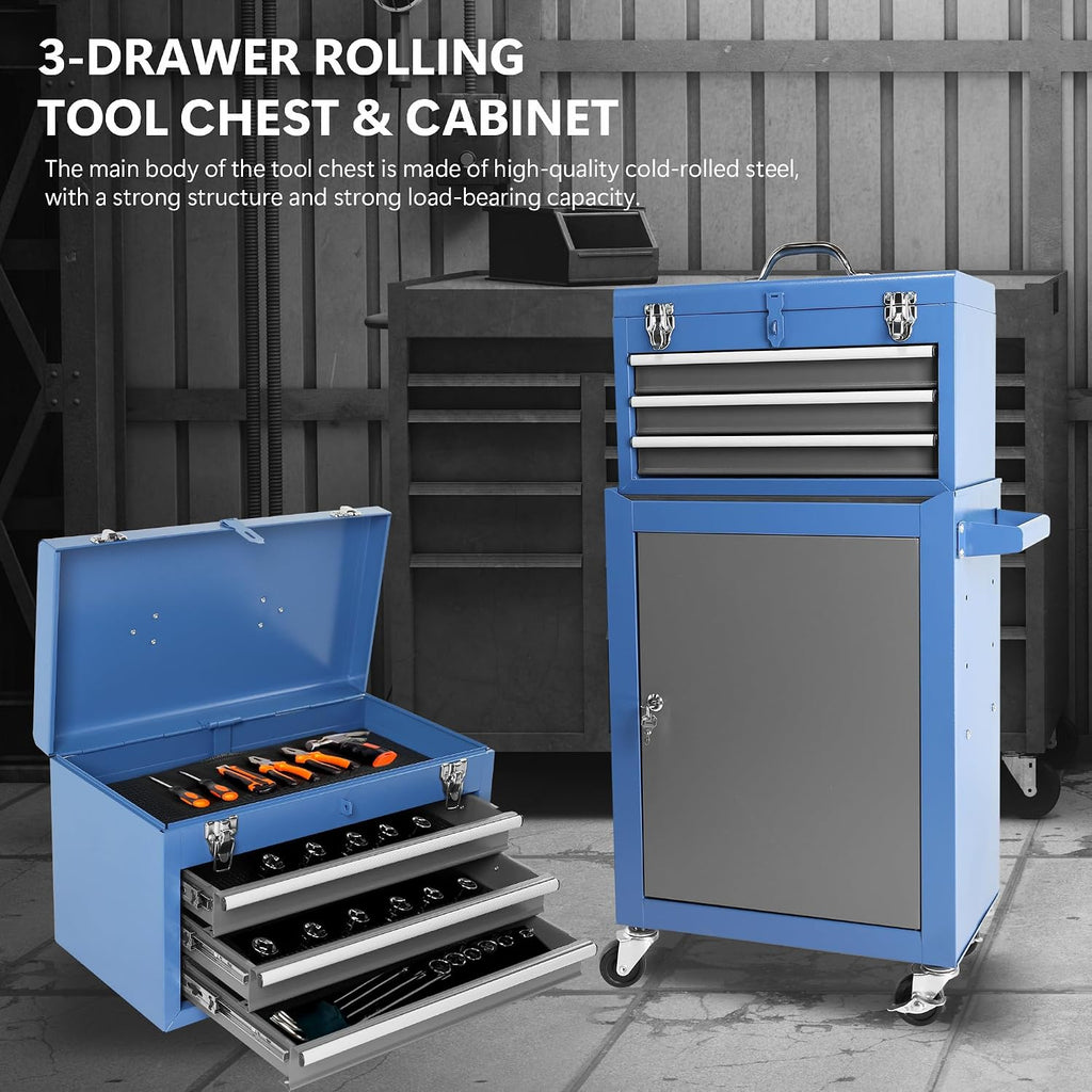 Rolling Garage Workshop Tool Organizer: Detachable 3 Drawer Tool Chest with Large Storage Cabinet and Adjustable Shelf