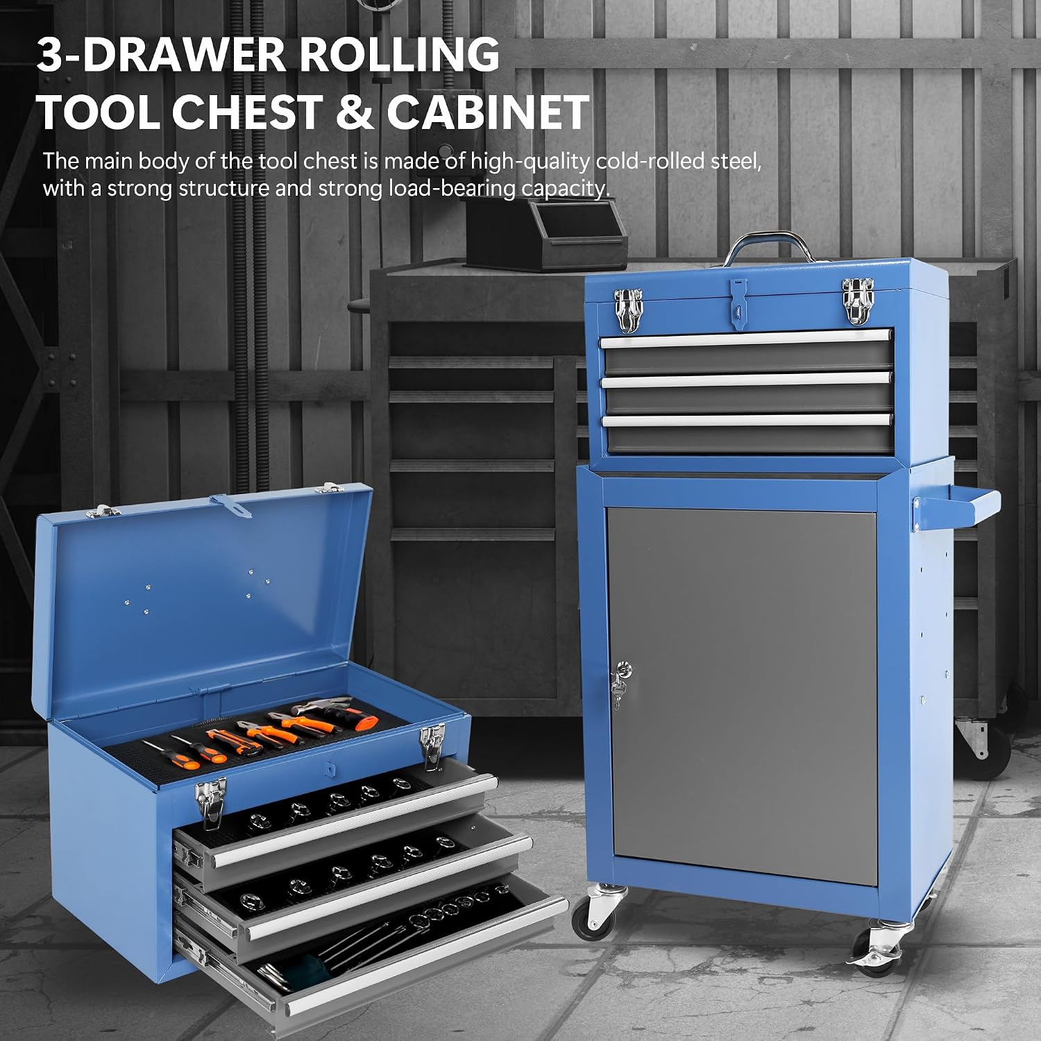 Rolling Garage Workshop Tool Organizer: Detachable 3 Drawer Tool Chest with Large Storage Cabinet and Adjustable Shelf