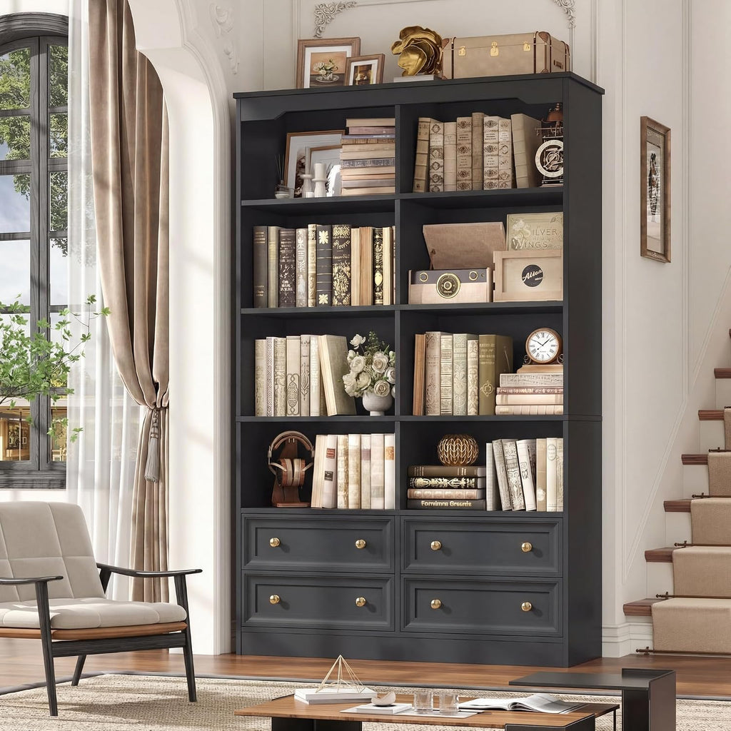 FINETONES 71' Black Bookshelf with 4 Drawers, 6-Tier Double Wide Bookshelves and Bookcases with Storage, Tall Bookshelf Large Open Bookshelves Standing Book Cabinet for Home Office, Black