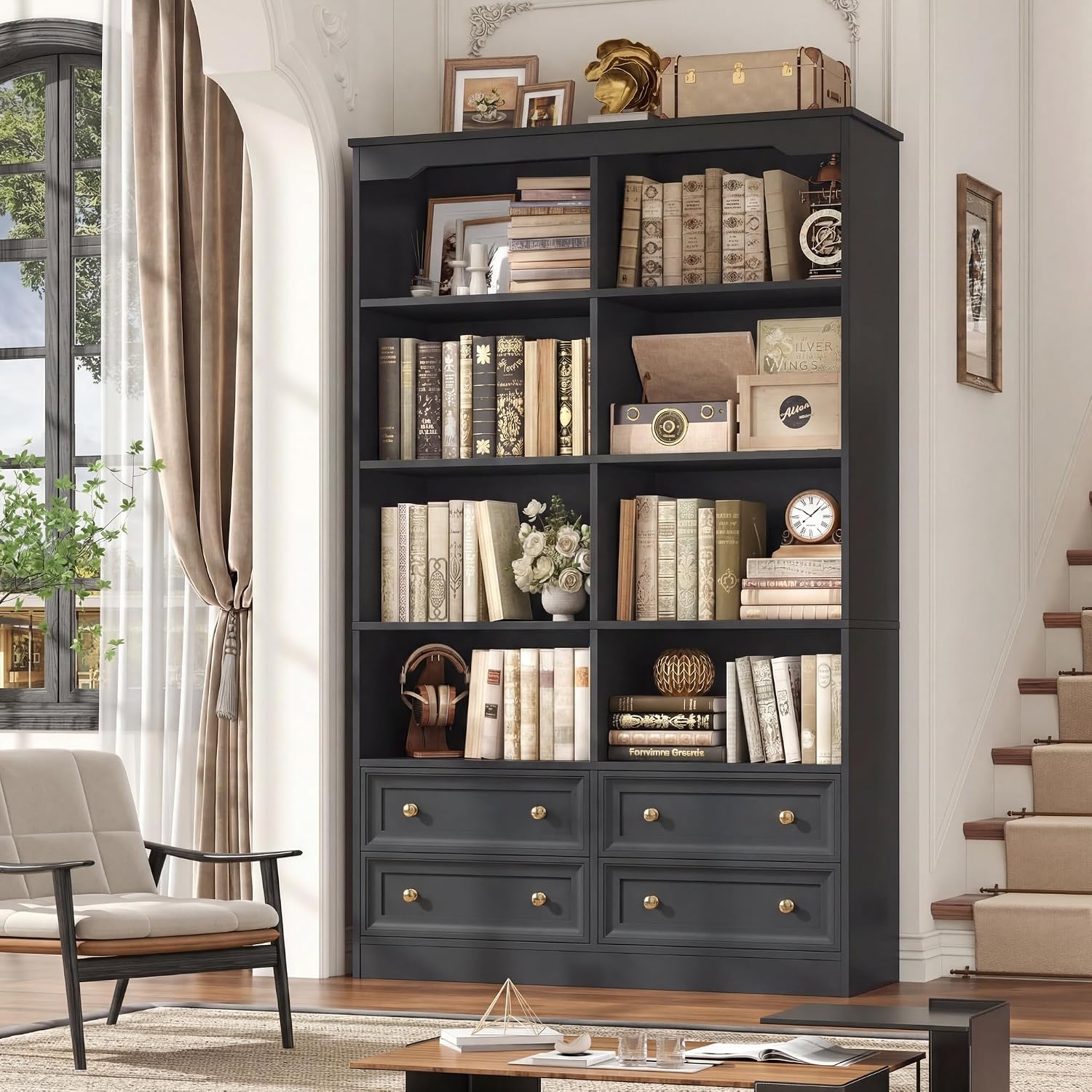 FINETONES 71' Black Bookshelf with 4 Drawers, 6-Tier Double Wide Bookshelves and Bookcases with Storage, Tall Bookshelf Large Open Bookshelves Standing Book Cabinet for Home Office, Black